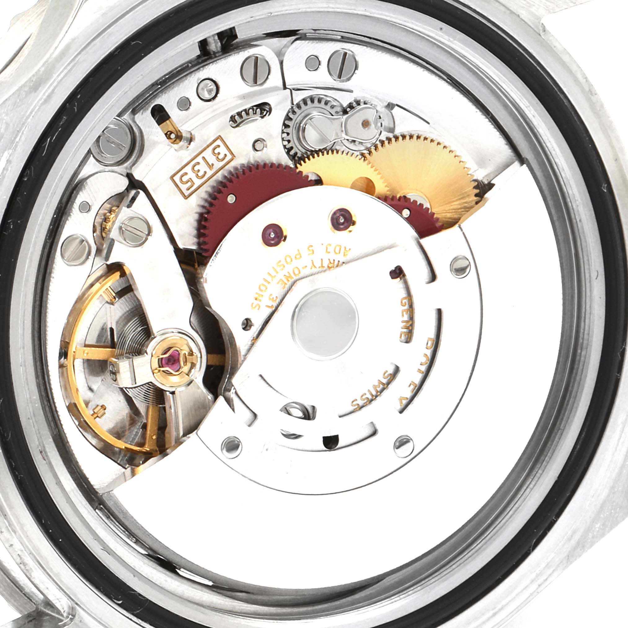 This image shows the intricate internal mechanical movement of a Rolex Submariner 16610 Men
s Stainless Steel Black Dial 16610 Men
s Stainless Steel Black Dial watch from a back angle.