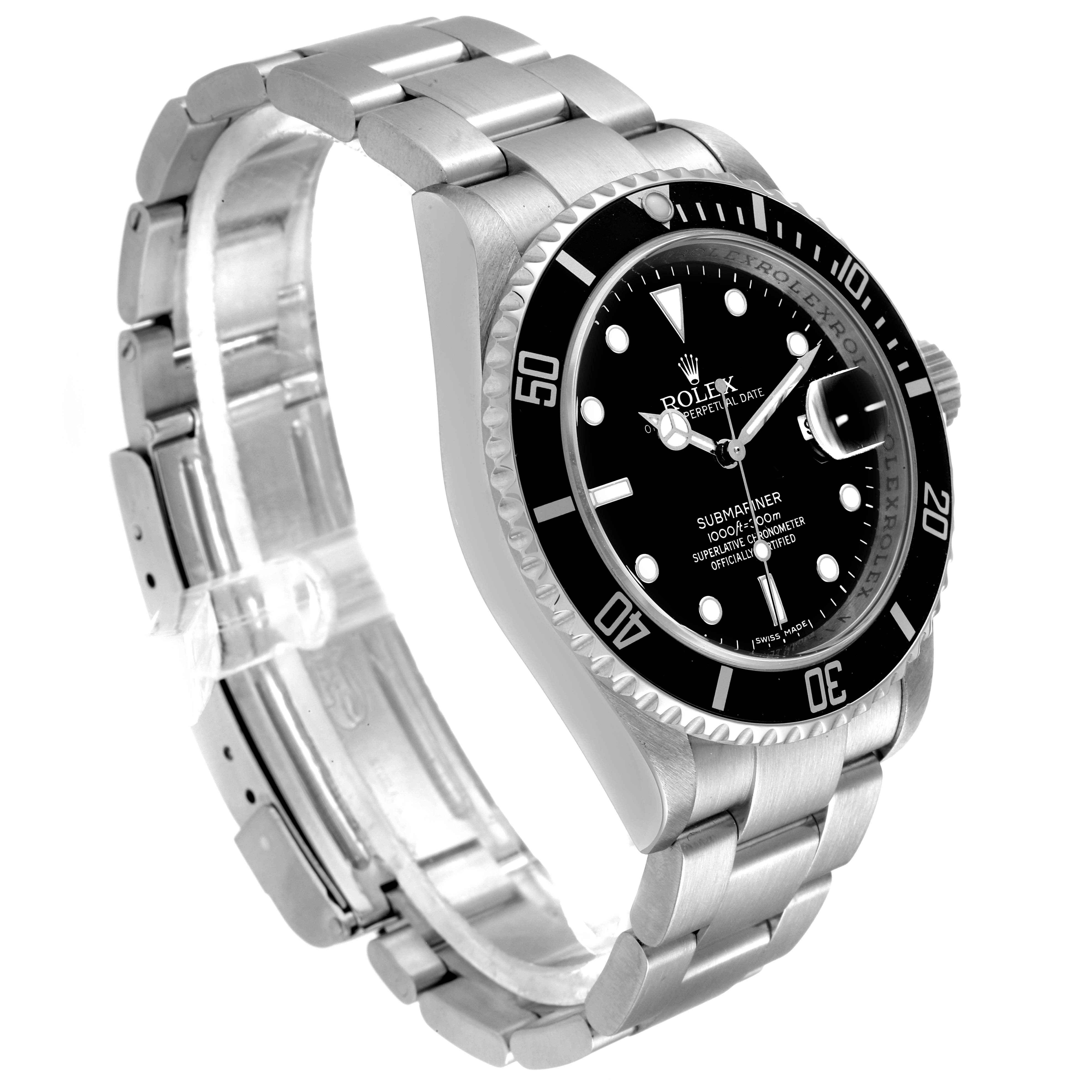 This image shows a side-angle view of the Rolex Submariner 16610 Men
s Stainless Steel Black Dial 16610 Men
s Stainless Steel Black Dial watch, highlighting the bracelet, bezel, and face.