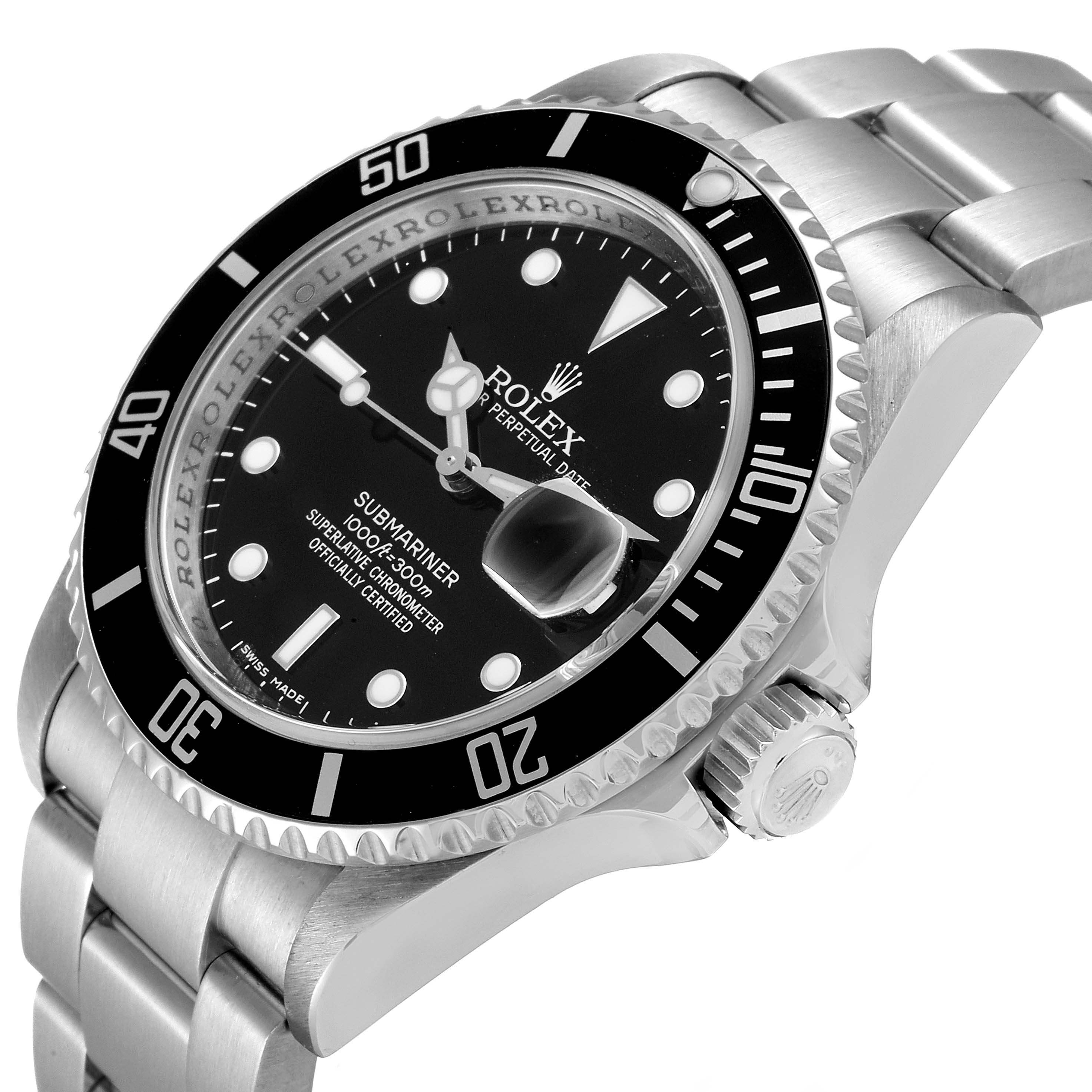 The Rolex Submariner 16610 Men
s Stainless Steel Black Dial 16610 Men
s Stainless Steel Black Dial watch is shown at an angled view, highlighting its bezel, dial, crown, and bracelet.