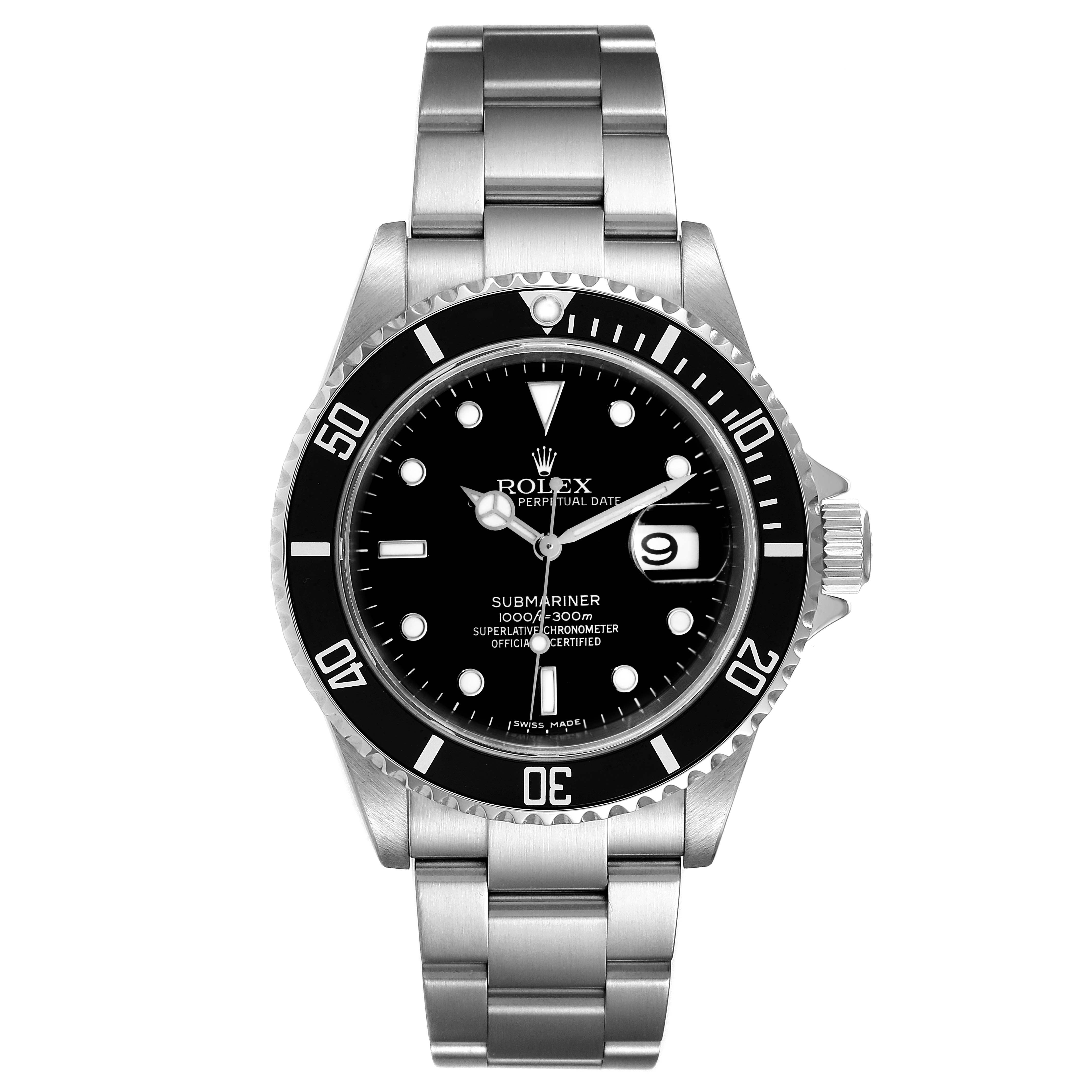 This image shows a front view of a Rolex Submariner 16610 Men
s Stainless Steel Black Dial 16610 Men
s Stainless Steel Black Dial, highlighting its bezel, dial, case, and bracelet.