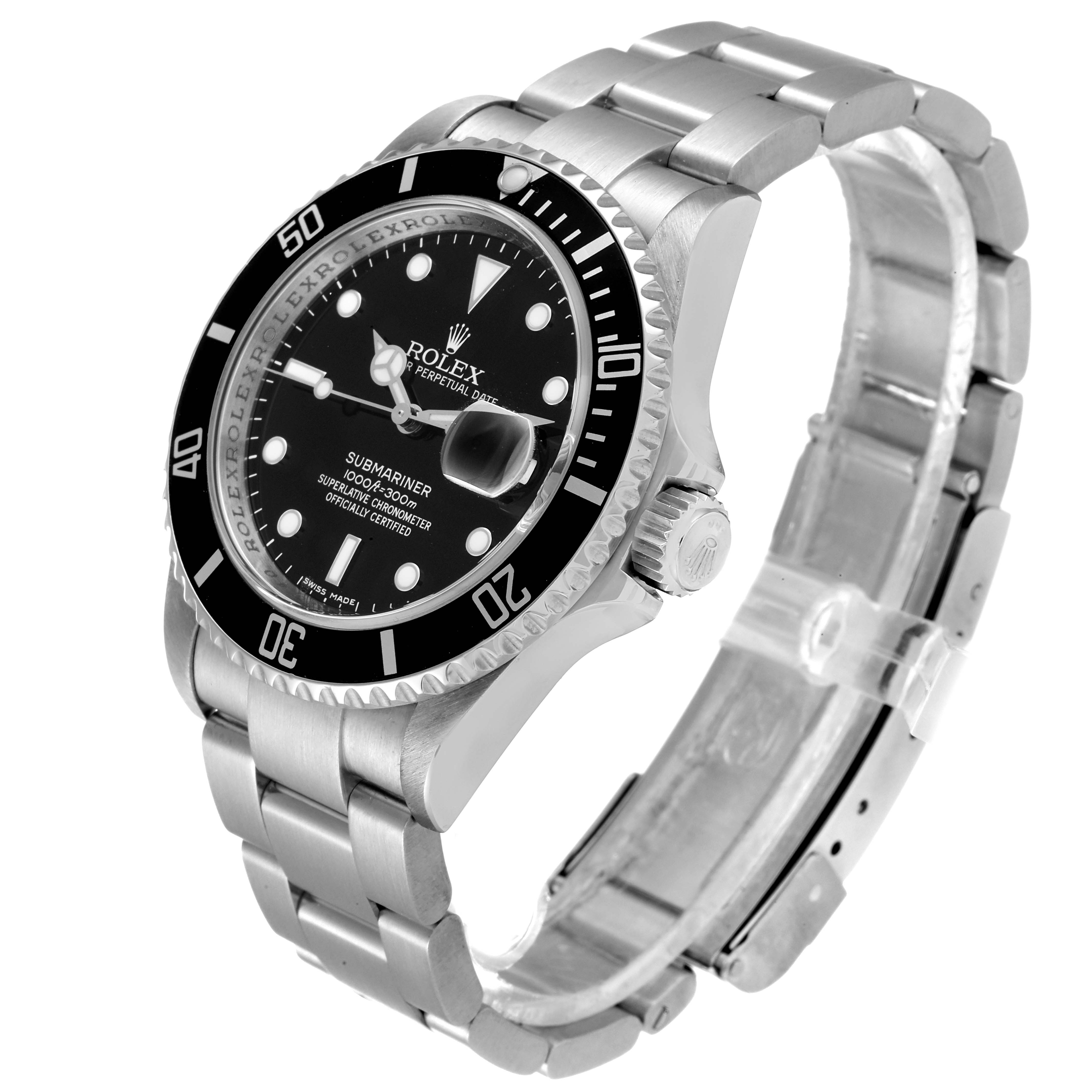 The image shows a Rolex Submariner 16610 Men
s Stainless Steel Black Dial 16610 Men
s Stainless Steel Black Dial watch at a 3/4 angle, displaying the face, bezel, crown, and bracelet.