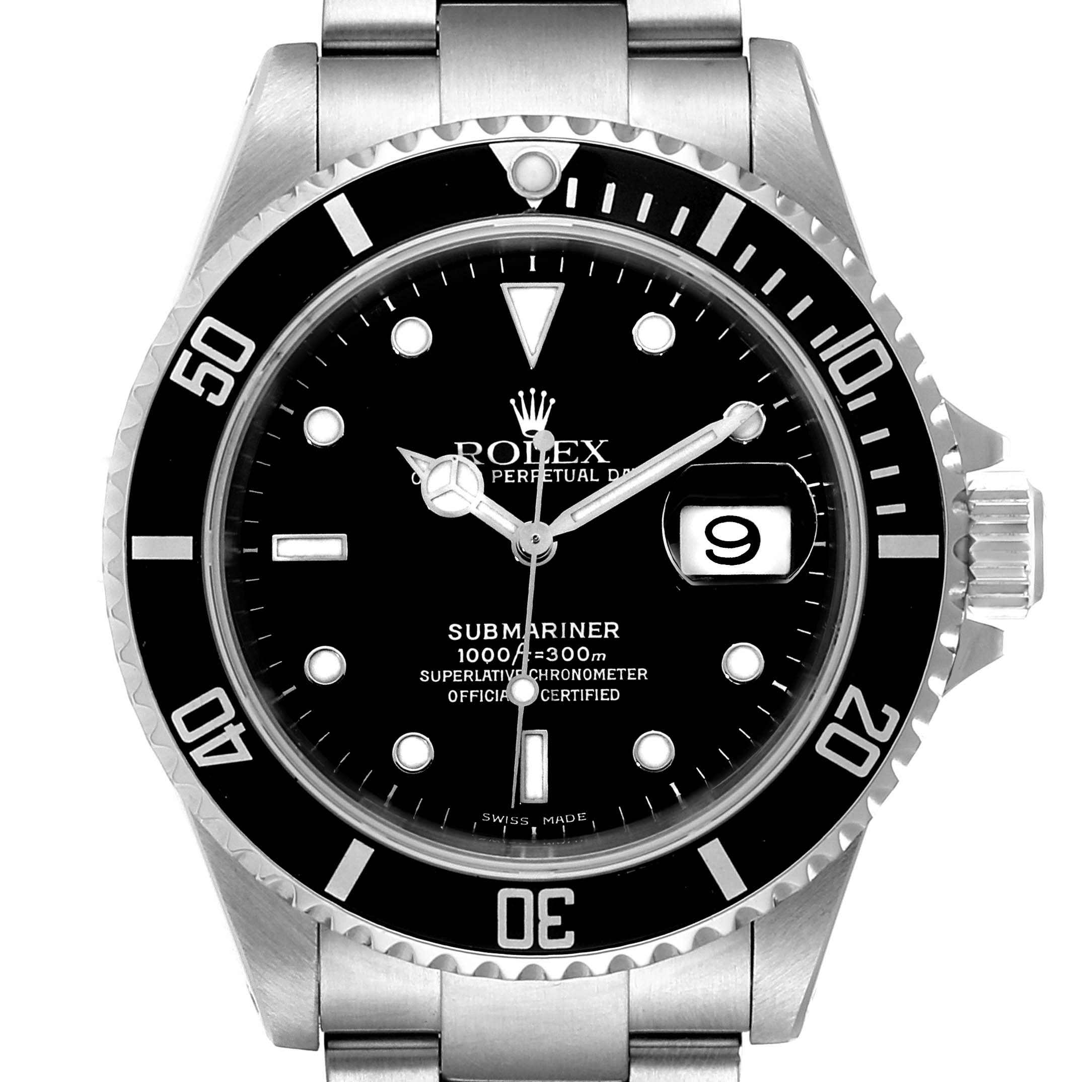 The image shows a front view of the Rolex Submariner 16610 Men
s Stainless Steel Black Dial 16610 Men
s Stainless Steel Black Dial watch, displaying the face, bezel, and part of the bracelet.