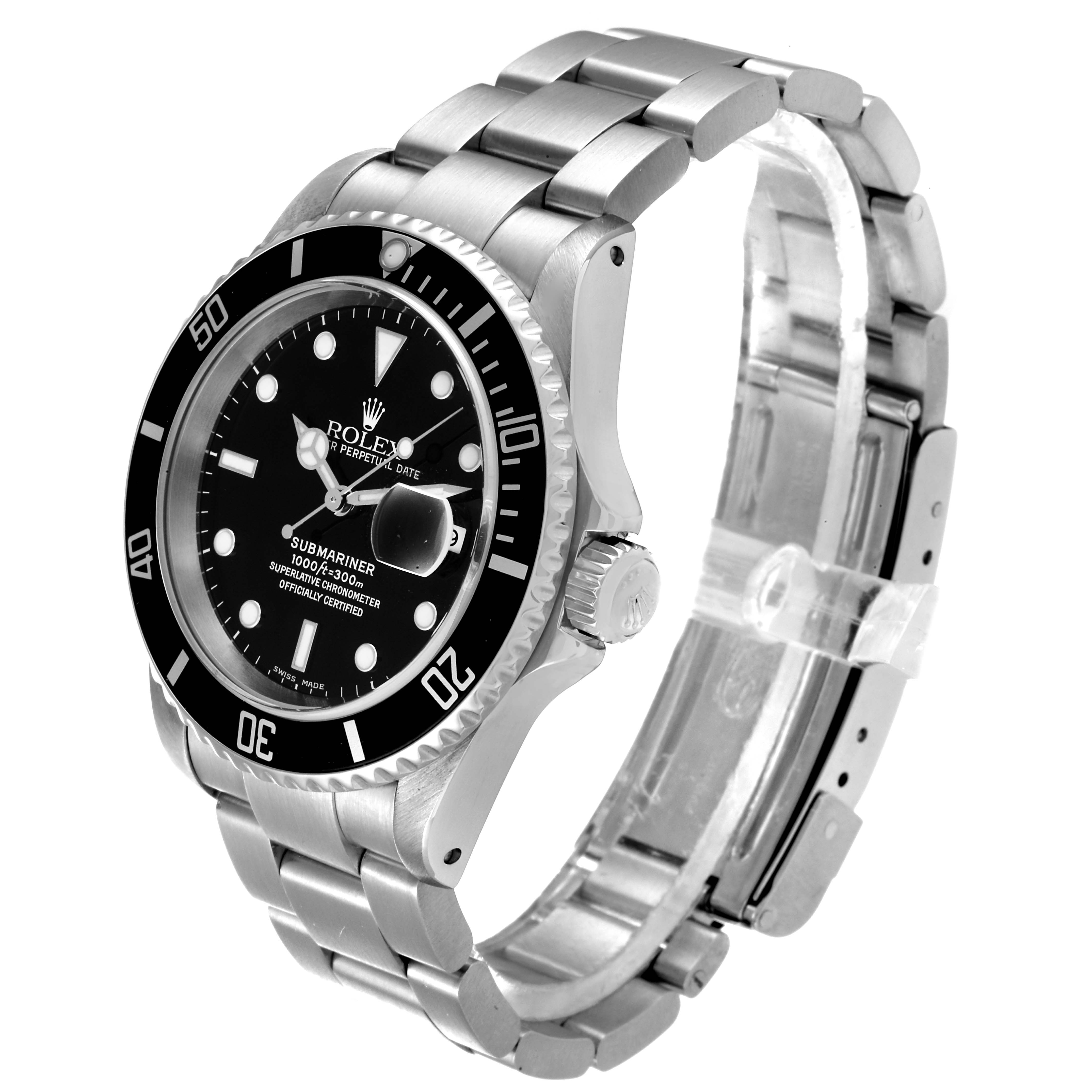 The image shows a Rolex Submariner 16610 Men
s Stainless Steel Black Dial 16610 Men
s Stainless Steel Black Dial watch at a 3/4 angle, highlighting the case, bezel, dial, and bracelet.