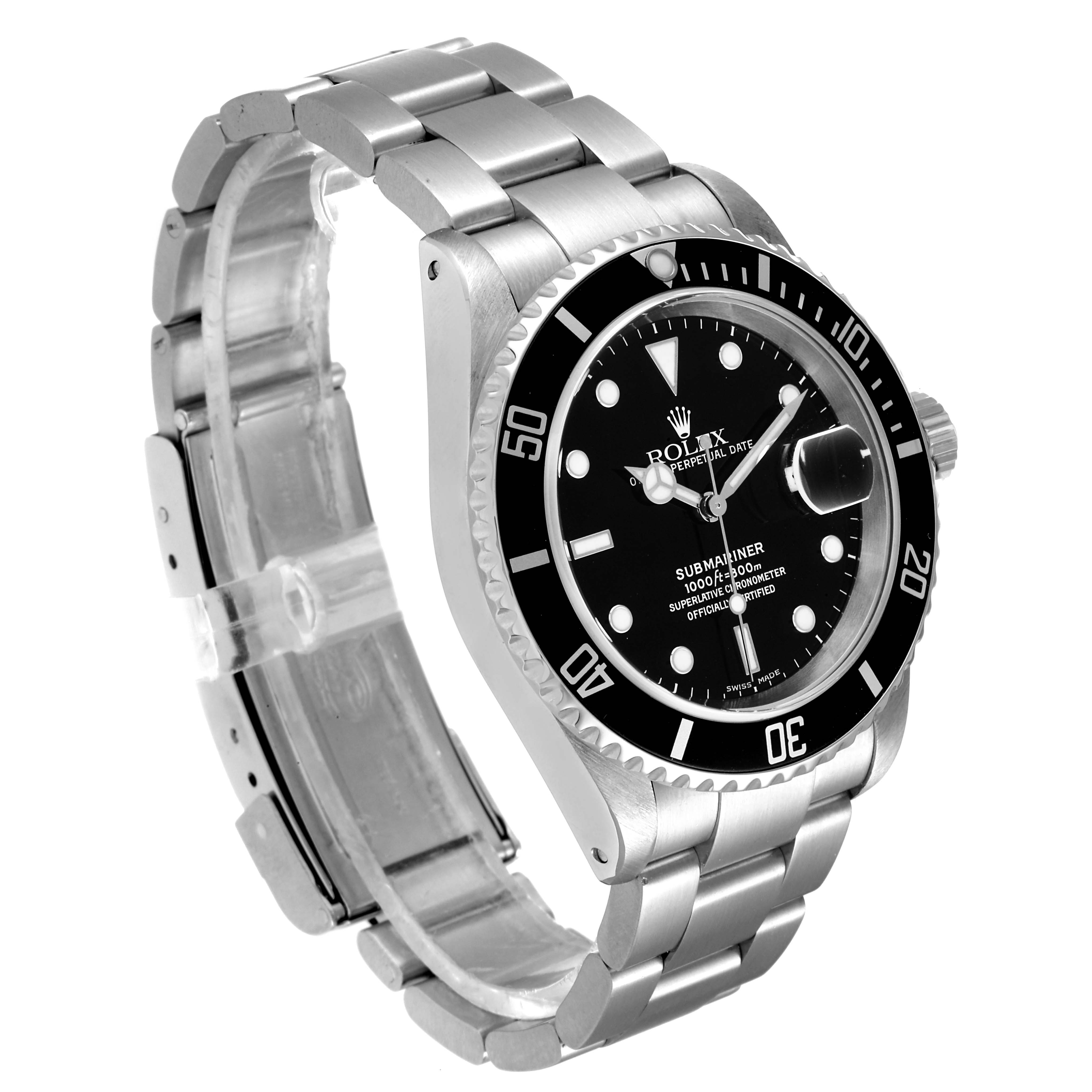 The Rolex Submariner 16610 Men
s Stainless Steel Black Dial 16610 Men
s Stainless Steel Black Dial watch is shown at a 3/4 angle, displaying the bracelet, bezel, dial, and crown.