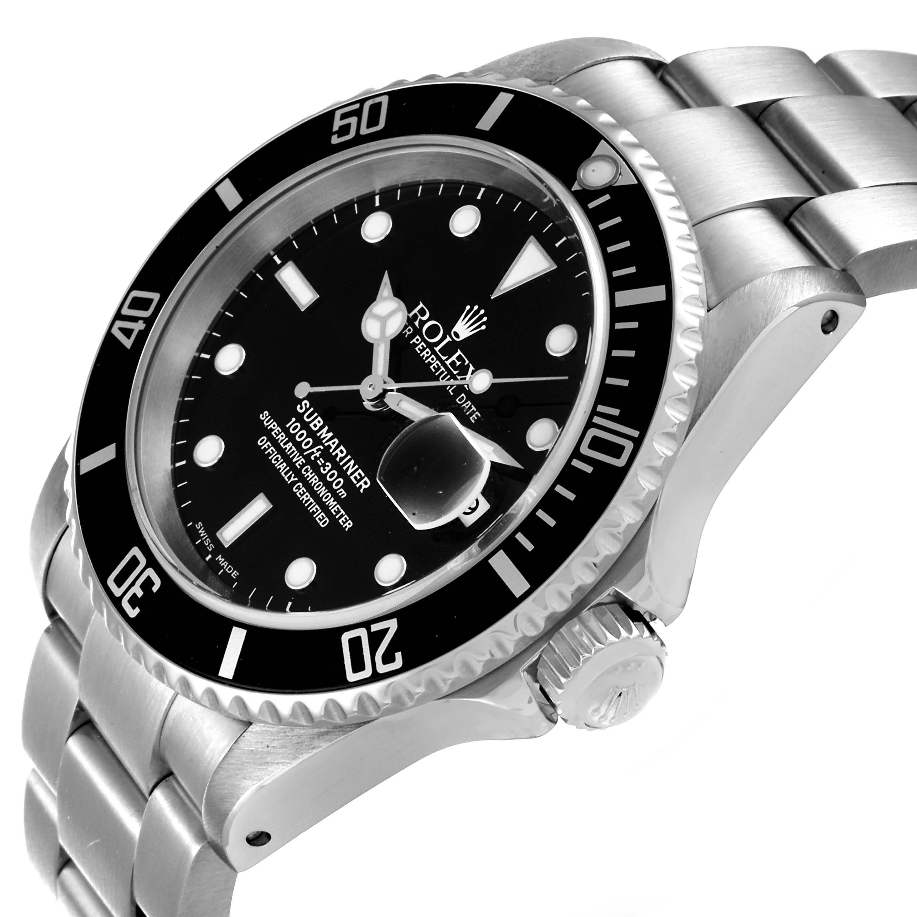 The image shows a side and partial top view of a Rolex Submariner 16610 Men
s Stainless Steel Black Dial 16610 Men
s Stainless Steel Black Dial watch, highlighting the bezel, dial, and bracelet.