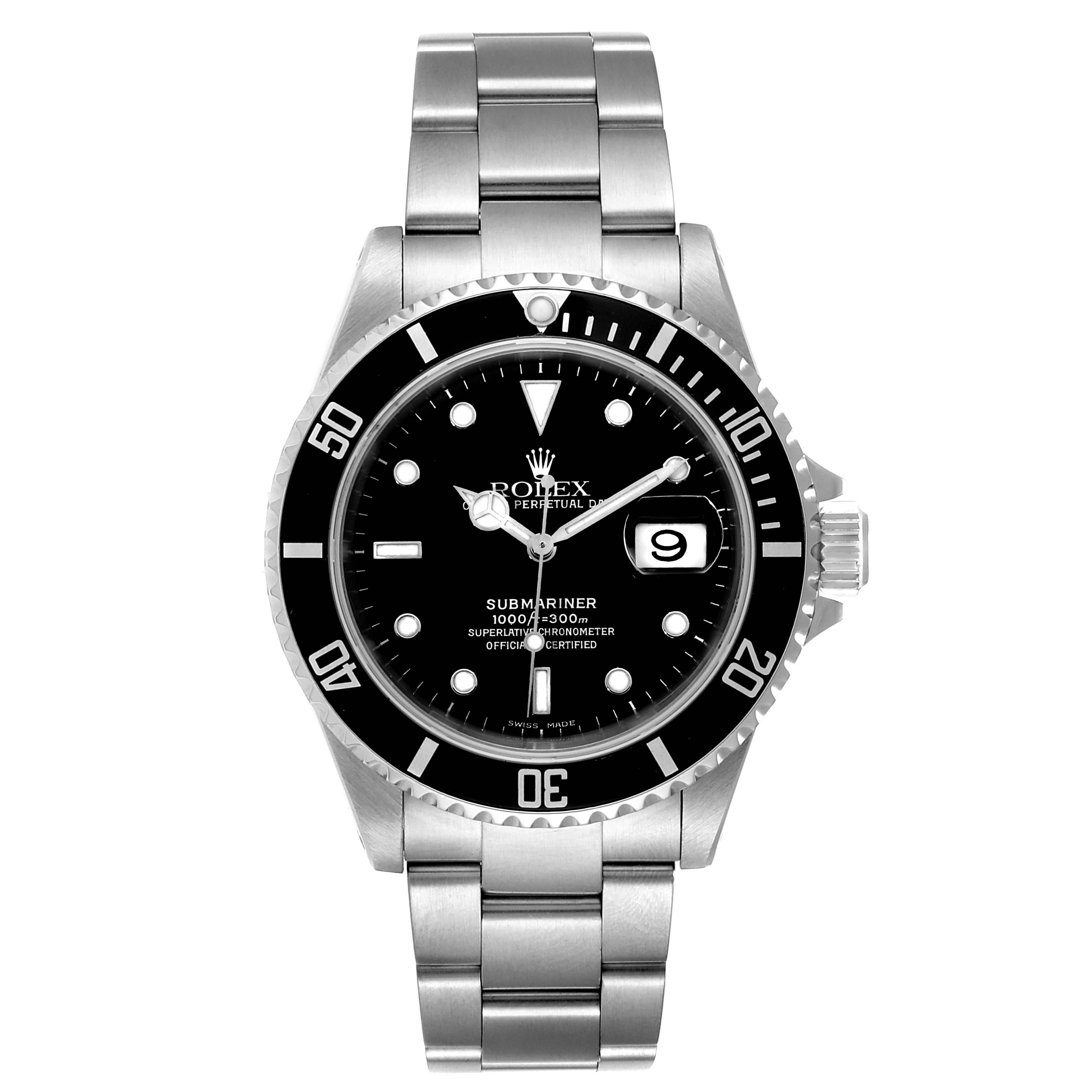 This image shows a front view of the Rolex Submariner 16610 Men
s Stainless Steel Black Dial 16610 Men
s Stainless Steel Black Dial watch, highlighting the face, bezel, and bracelet.