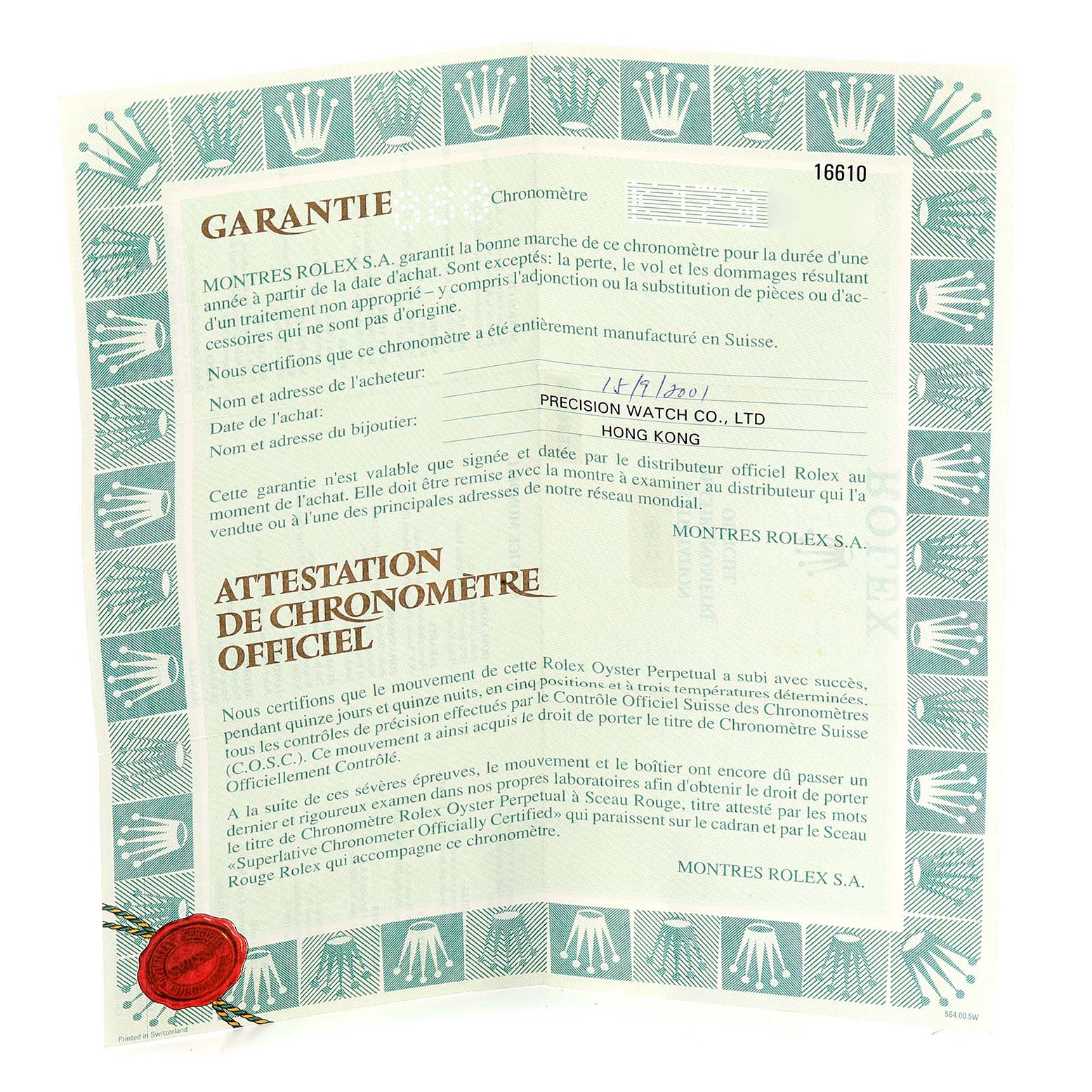 The image shows a warranty certificate for the Rolex Submariner 16610 Men
s Stainless Steel Black Dial 16610 Men
s Stainless Steel Black Dial model, including guarantee and official chronometer attestation details.