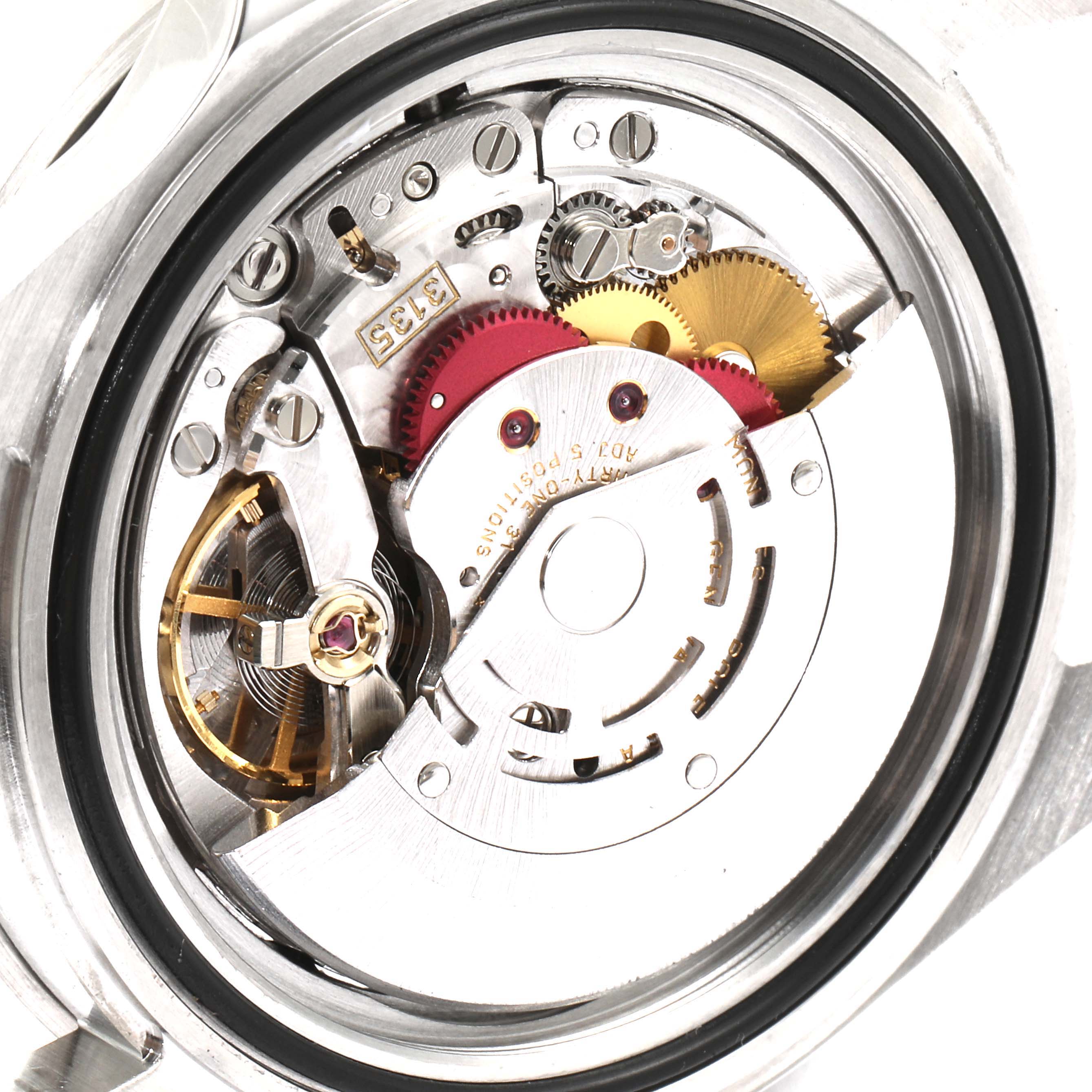 The image shows the internal mechanical movement of the Rolex Submariner 16610 Men
s Stainless Steel Black Dial 16610 Men
s Stainless Steel Black Dial watch from a close-up view.