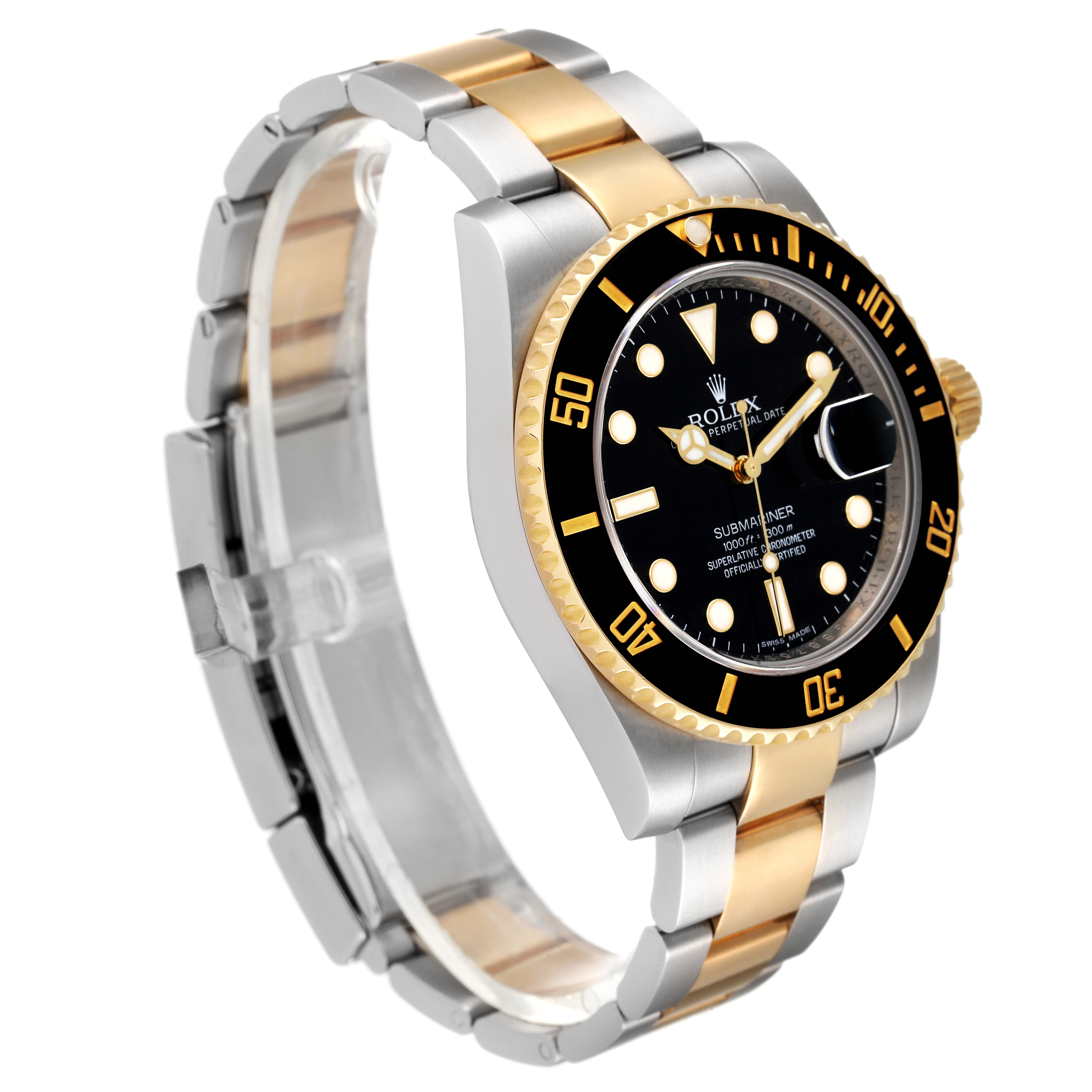 The Rolex Submariner 116613 Men's Steel and Gold (two tone) Black Dial 116613 Men's Steel and Gold (two tone) Black Dial watch is shown at a three-quarter angle, highlighting the bracelet, bezel, and dial.