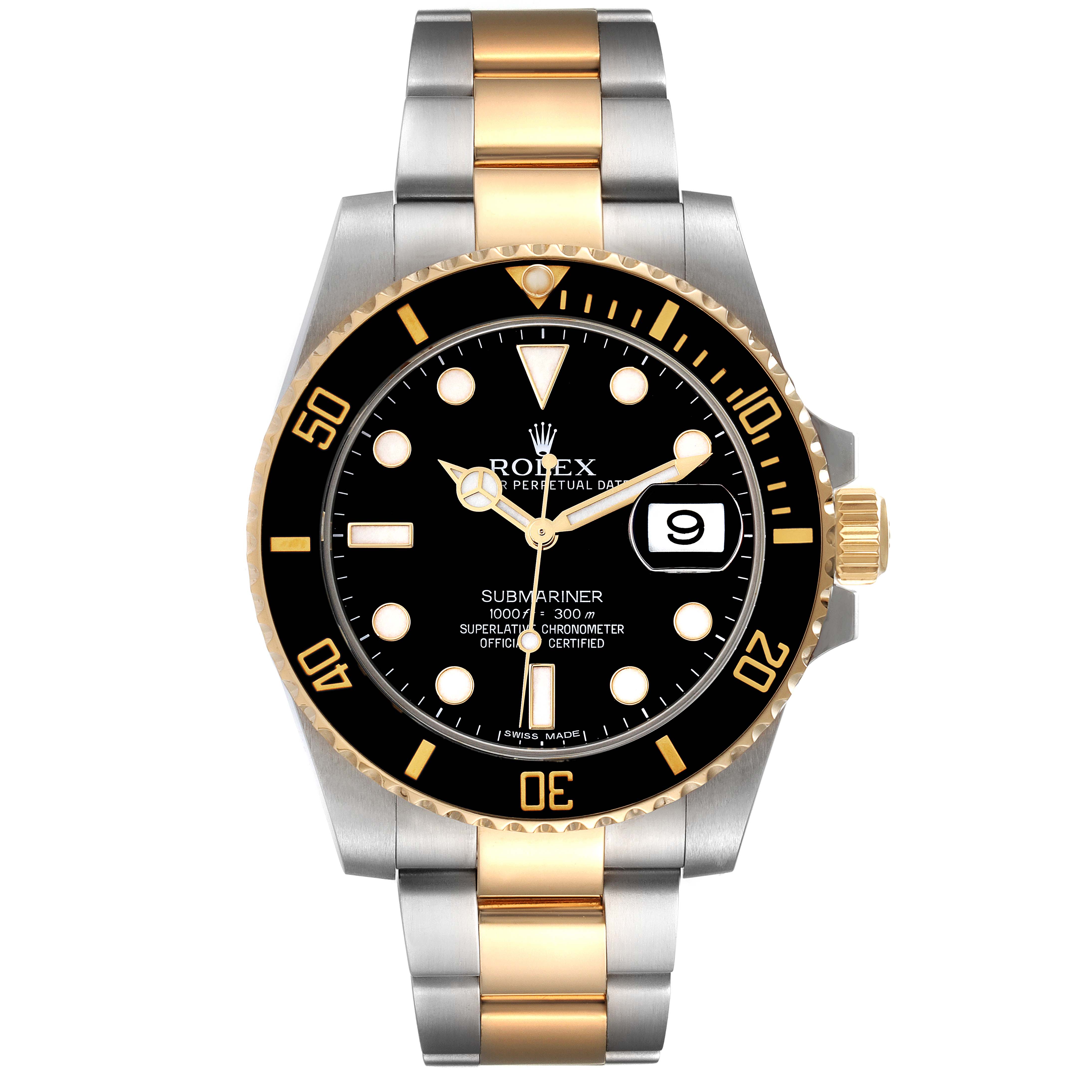 The image shows a front view of a Rolex Submariner 116613 Men's Steel and Gold (two tone) Black Dial 116613 Men's Steel and Gold (two tone) Black Dial, featuring a black dial, gold and silver bracelet, and a date window.