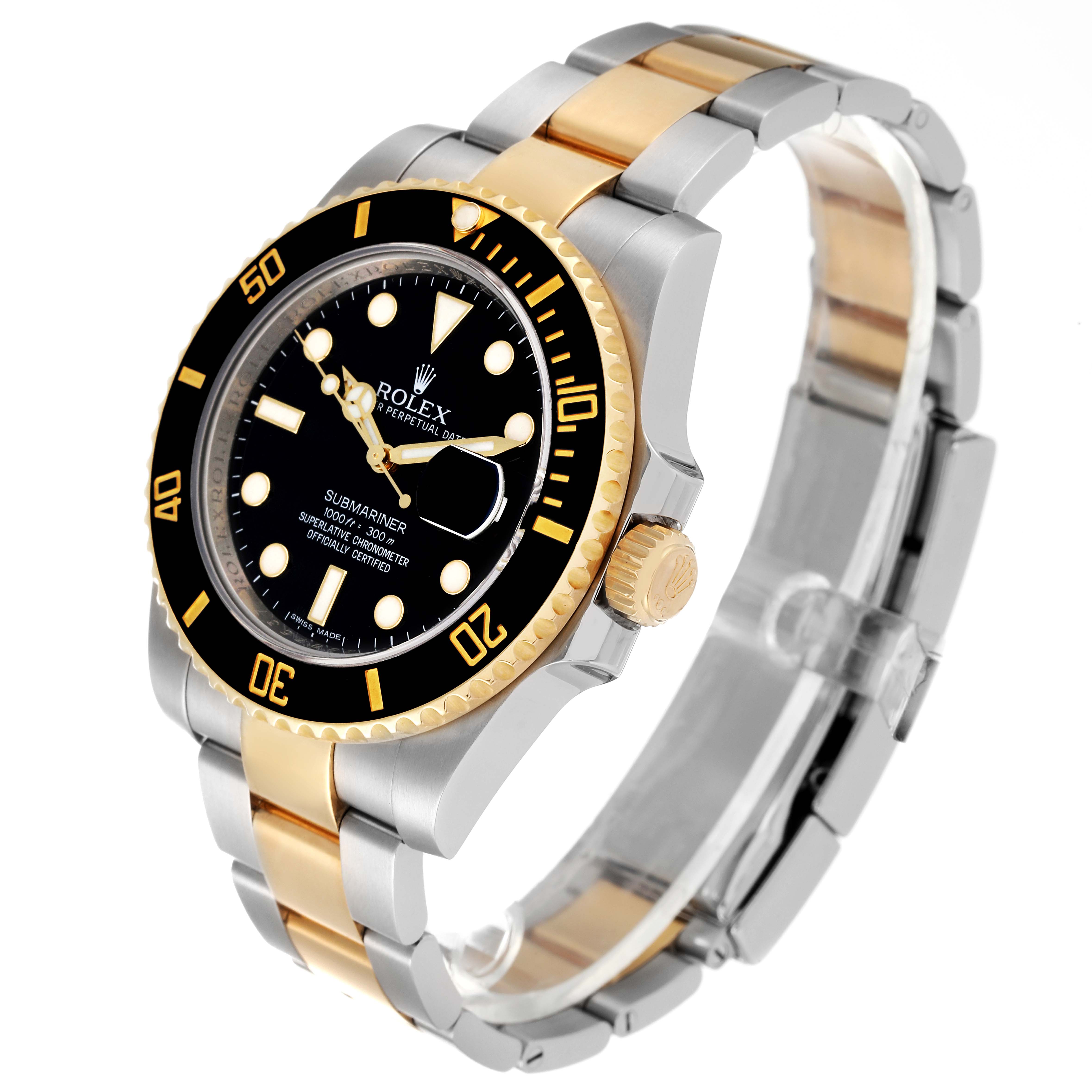 The image shows a Rolex Submariner 116613 Men's Steel and Gold (two tone) Black Dial 116613 Men's Steel and Gold (two tone) Black Dial watch at a three-quarter angle, highlighting the black dial, gold bezel, crown, and two-tone bracelet.