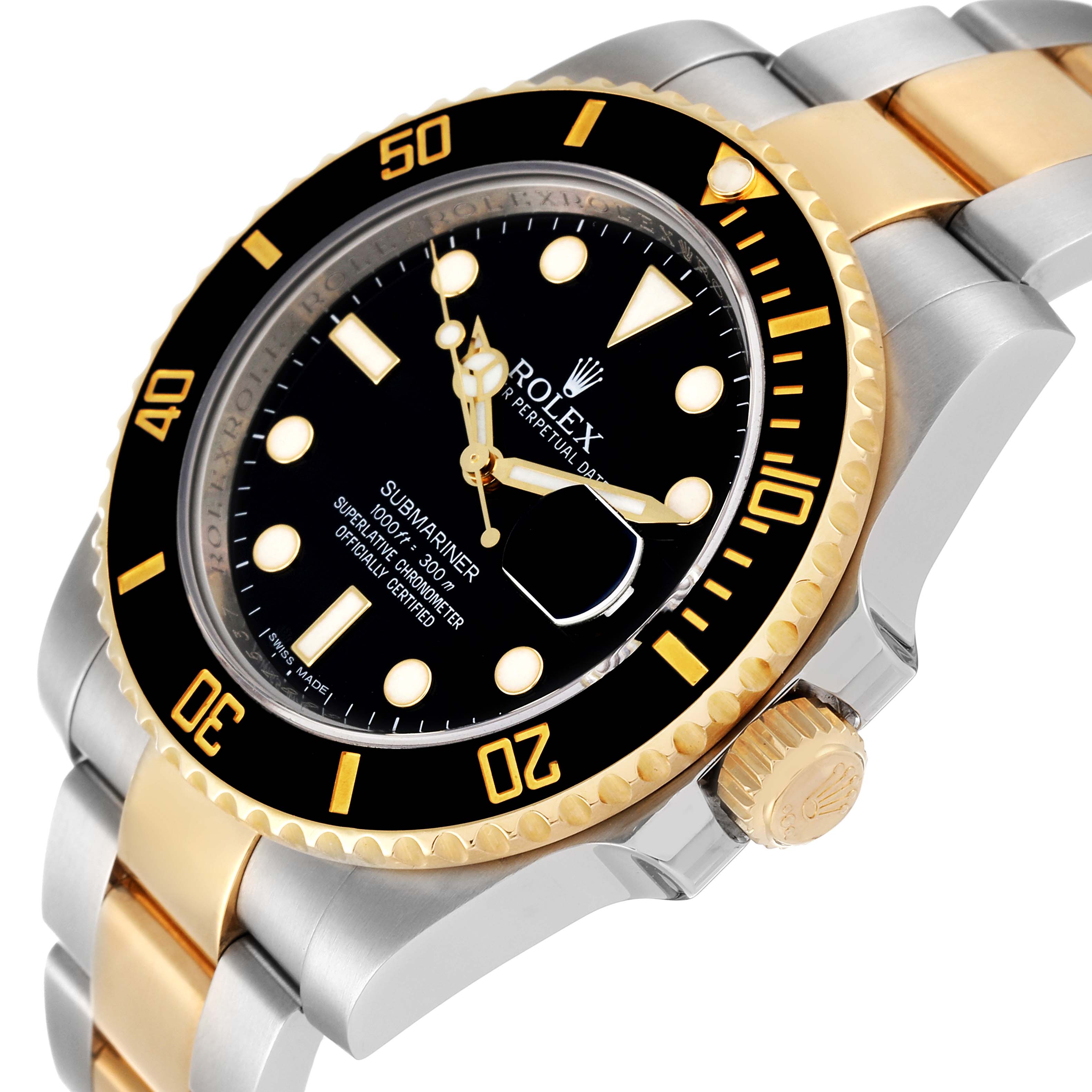 The image shows a close-up side angle of a Rolex Submariner 116613 Men's Steel and Gold (two tone) Black Dial 116613 Men's Steel and Gold (two tone) Black Dial watch, focusing on the dial, bezel, crown, and part of the bracelet.