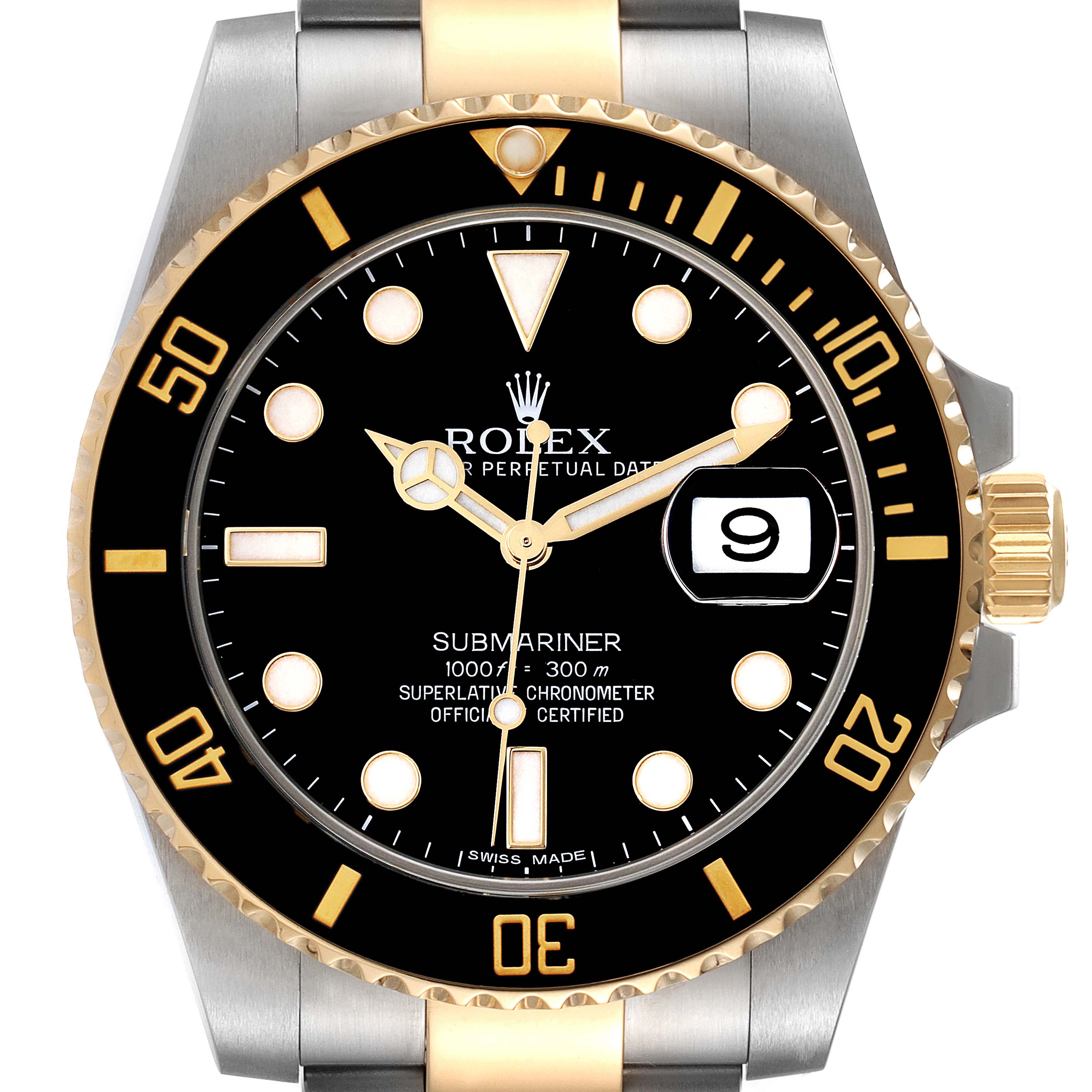 This image shows a Rolex Submariner 116613 Men's Steel and Gold (two tone) Black Dial 116613 Men's Steel and Gold (two tone) Black Dial watch from a front view, displaying the dial, bezel, and bracelet in detail.