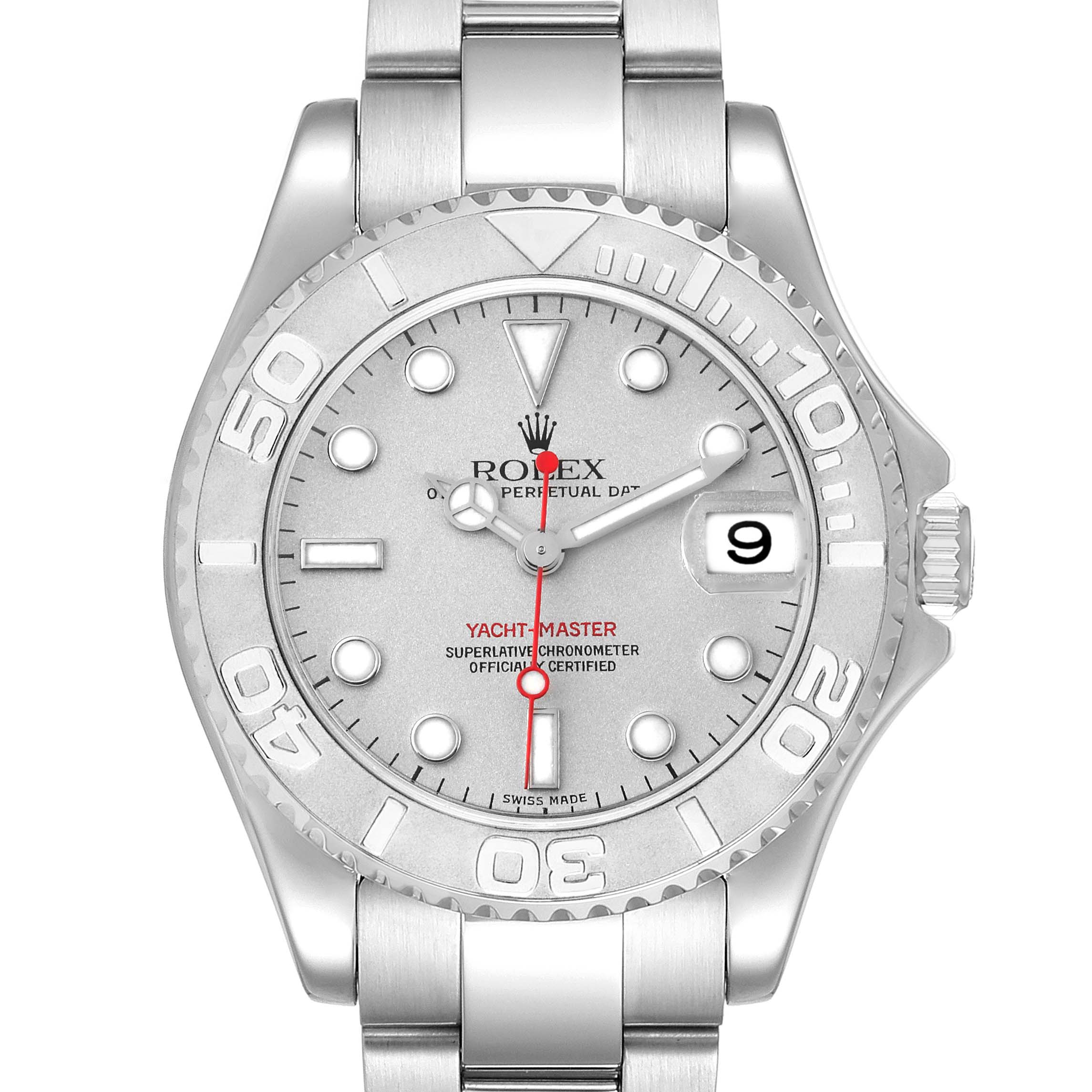 This image shows a frontal view of a Rolex Yacht-Master 168622 Men's Stainless Steel Silver Dial 168622 Men's Stainless Steel Silver Dial watch displaying its dial, hands, bezel, and a segment of the bracelet.