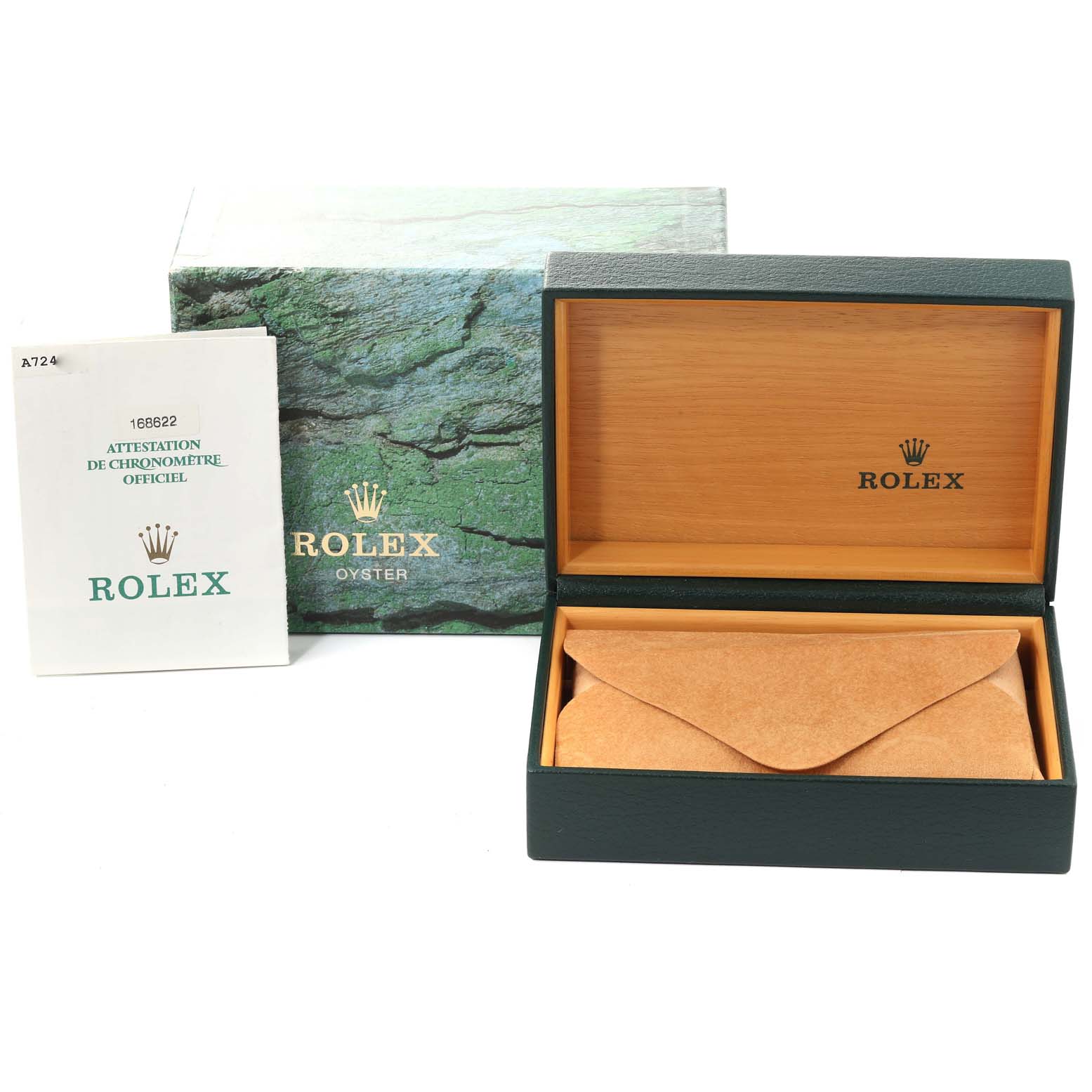 The image shows an open Rolex Yacht-Master 168622 Men's Stainless Steel Silver Dial 168622 Men's Stainless Steel Silver Dial watch box, its outer box, and a certificate, all seen from a front angle.