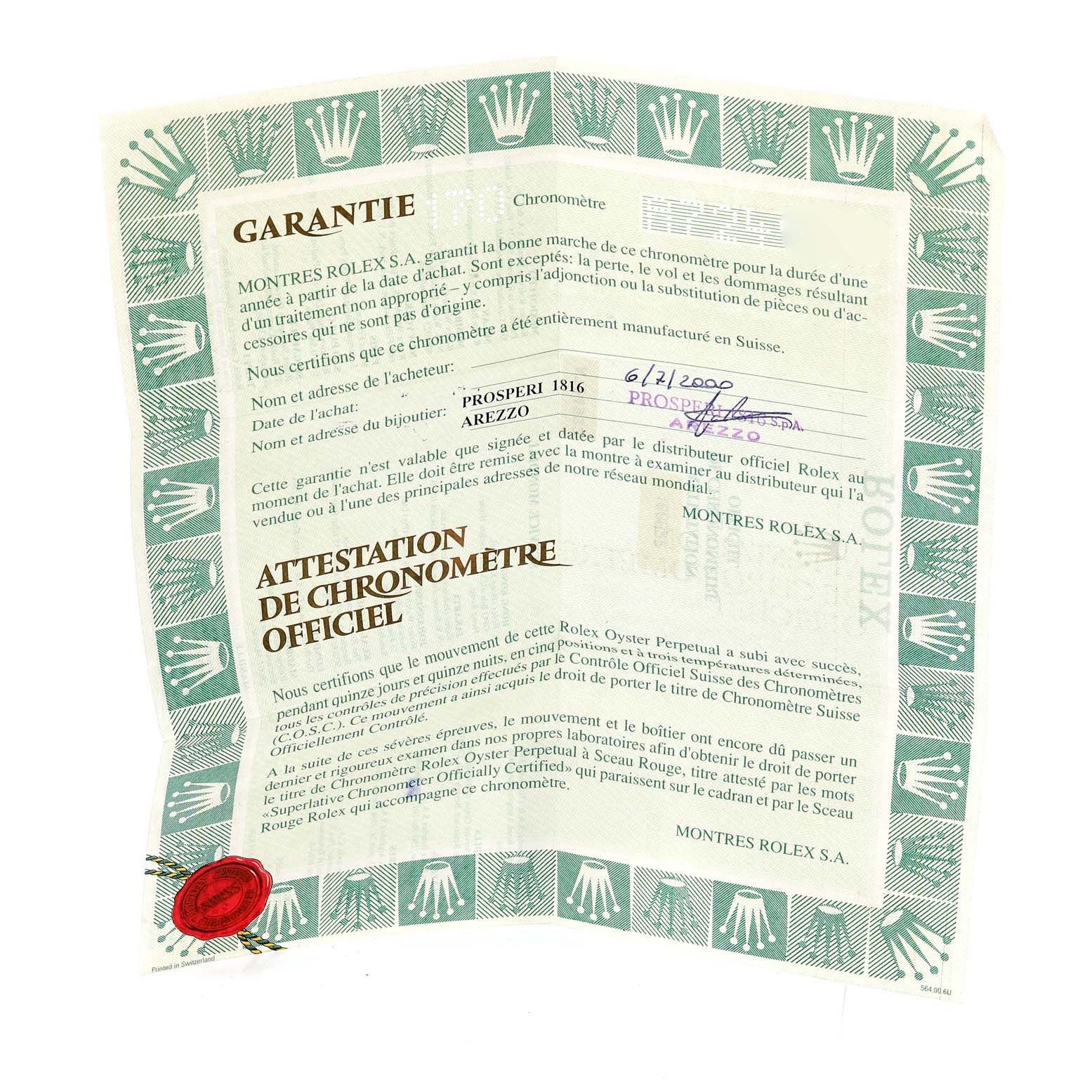 The image shows a warranty certificate for the Rolex Yacht-Master 168622 Men's Stainless Steel Silver Dial 168622 Men's Stainless Steel Silver Dial model, featuring text and branding details.