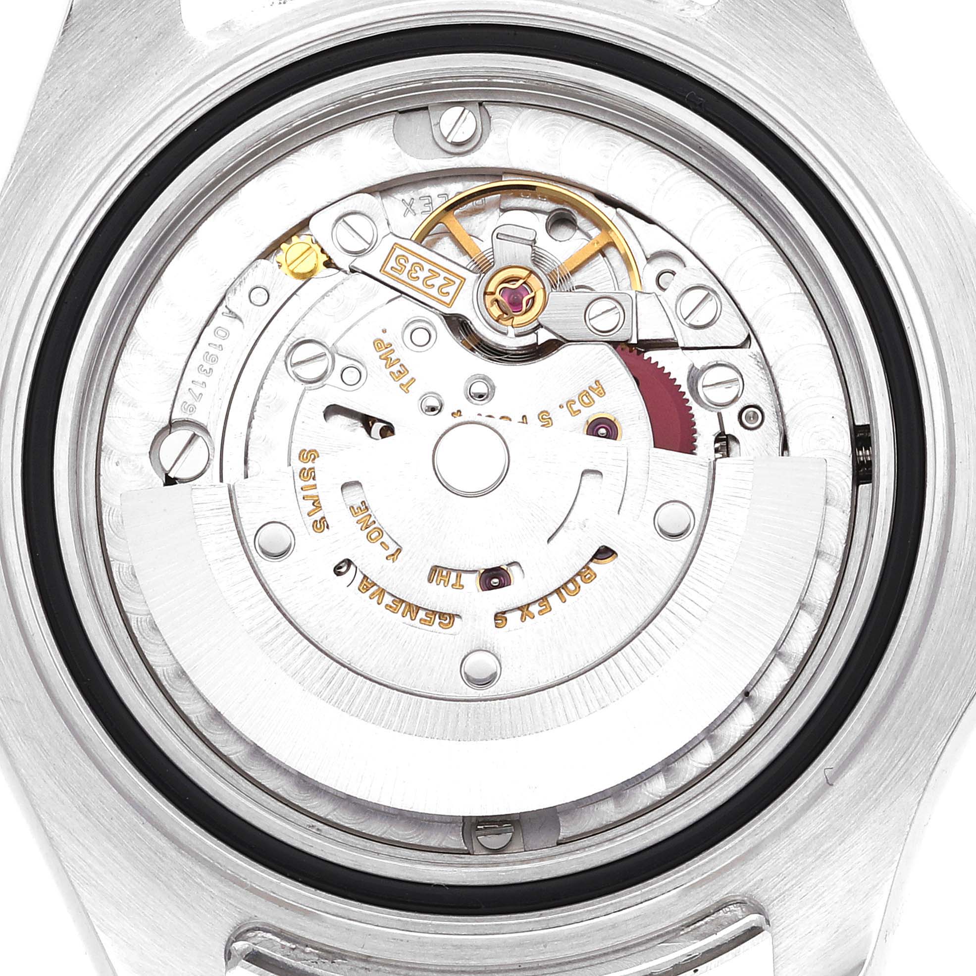 This image shows the internal mechanism and movement of the Rolex Yacht-Master 168622 Men's Stainless Steel Silver Dial 168622 Men's Stainless Steel Silver Dial watch viewed from the back.