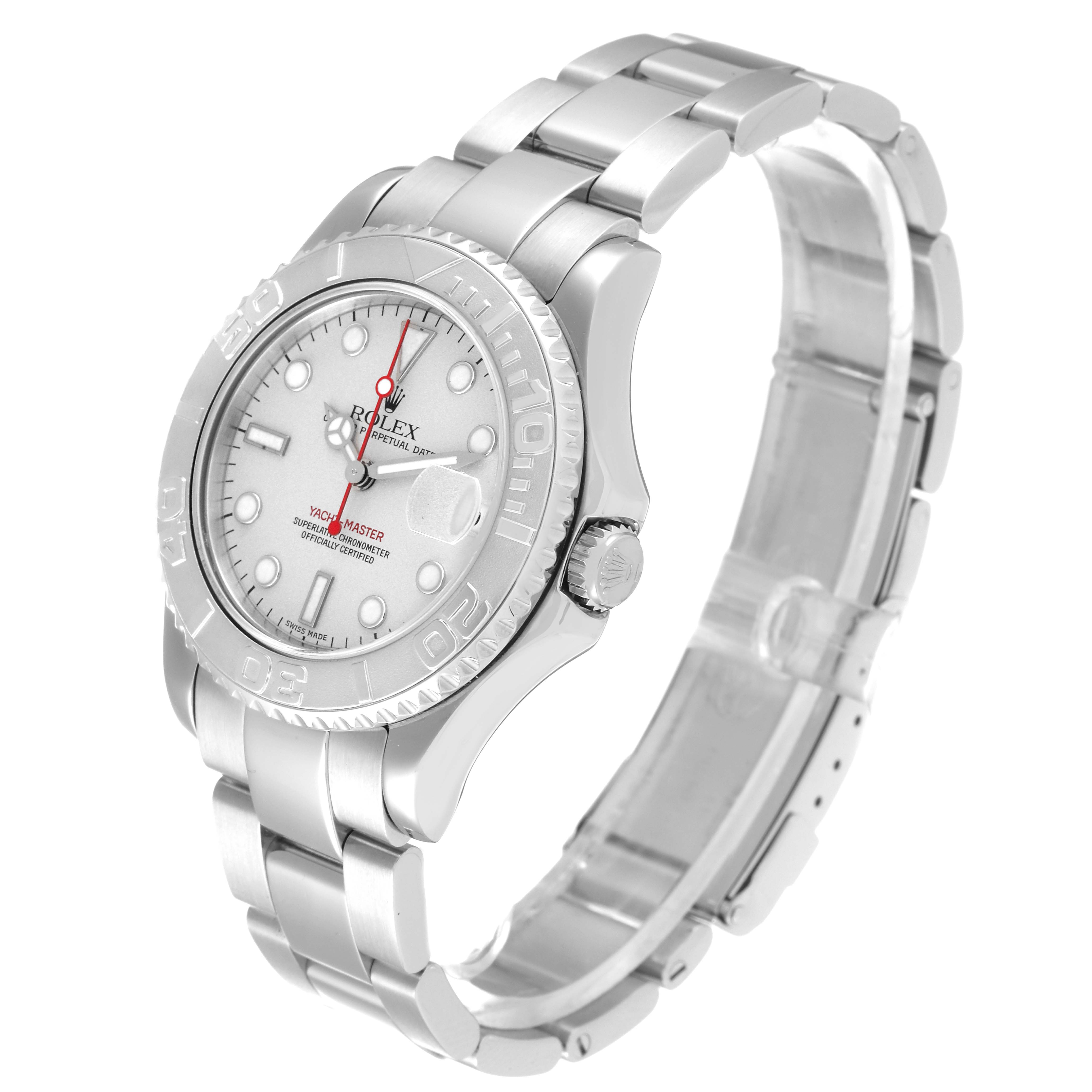 This image shows a Rolex Yacht-Master 168622 Men's Stainless Steel Silver Dial 168622 Men's Stainless Steel Silver Dial watch at a three-quarter profile, highlighting the watch face, bezel, and bracelet.