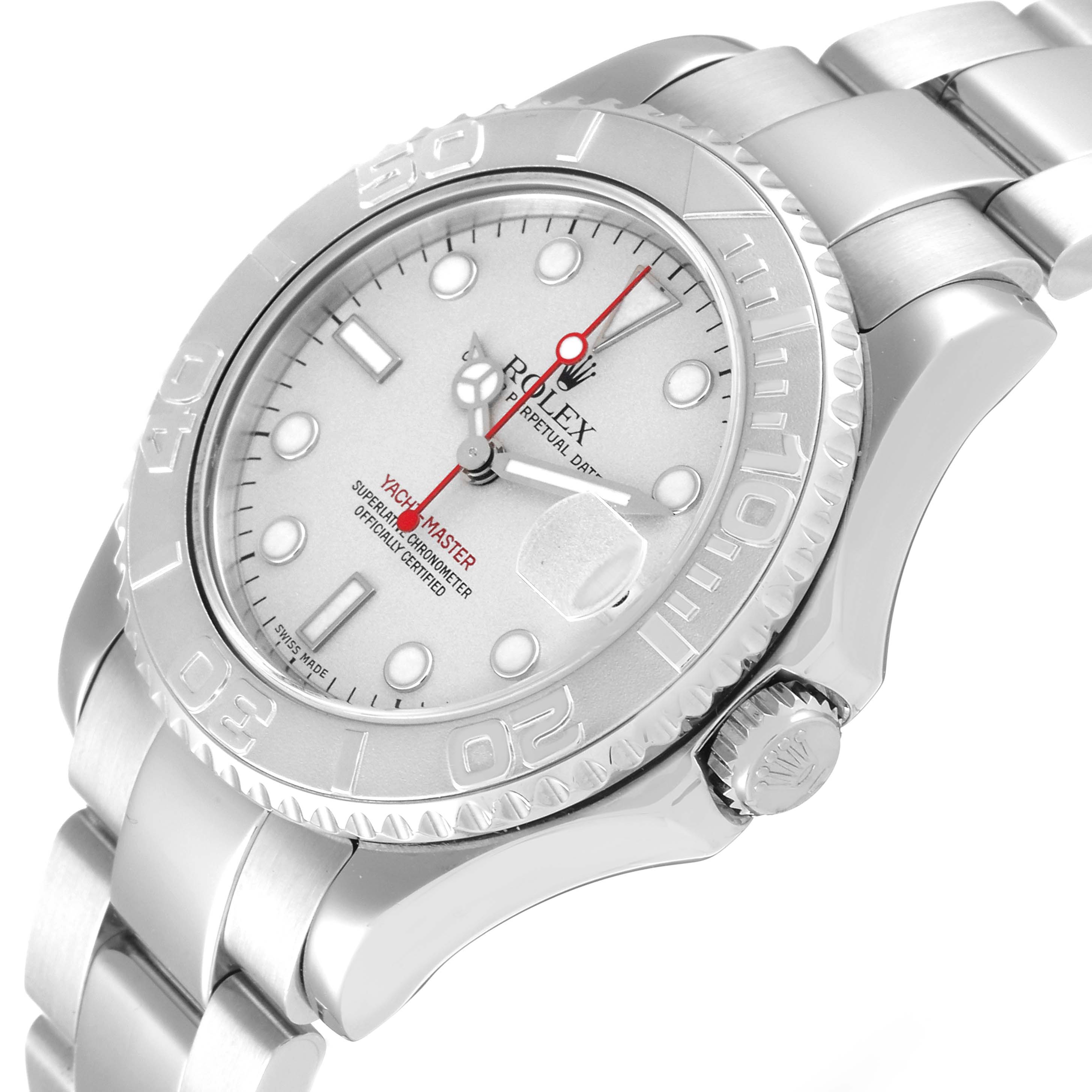 The image shows a Rolex Yacht-Master 168622 Men's Stainless Steel Silver Dial 168622 Men's Stainless Steel Silver Dial watch from an angled top view, highlighting the dial, bezel, bracelet, and crown.