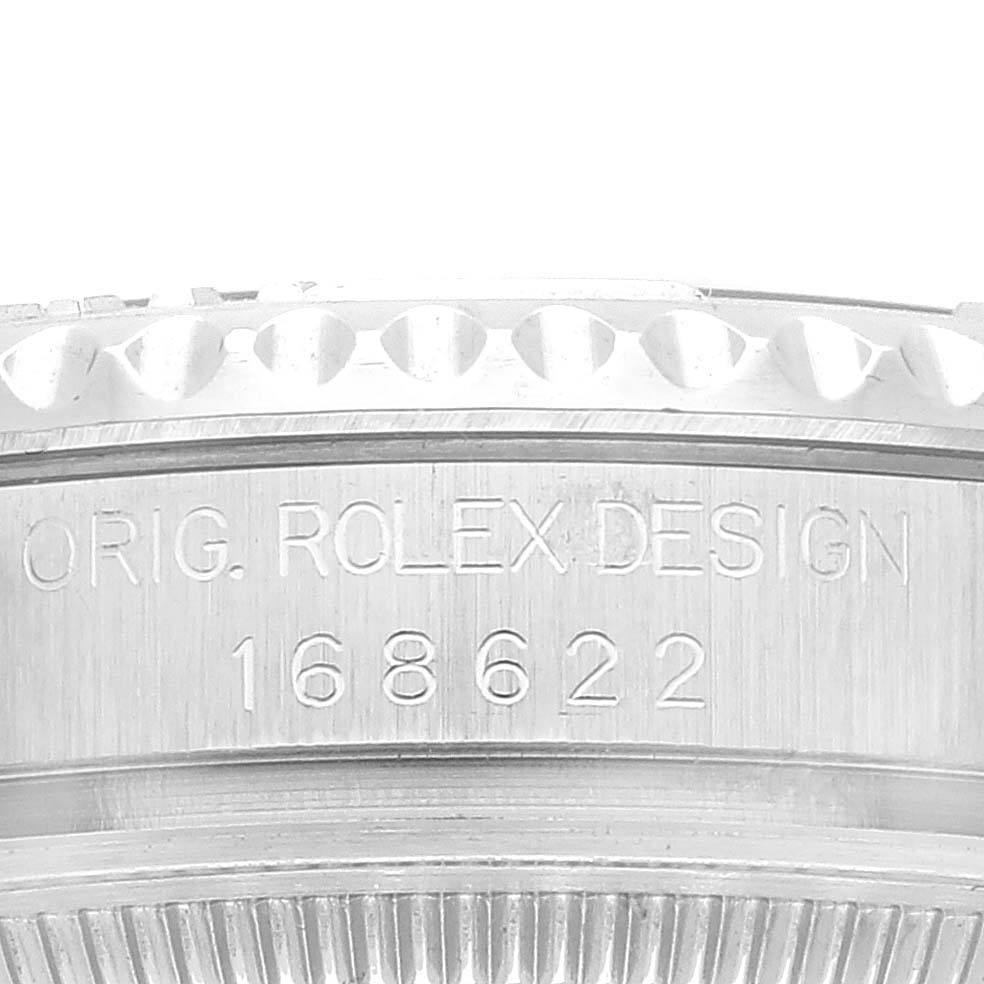 This image shows a close-up of the case side with engravings on the Rolex Yacht-Master 168622 Men's Stainless Steel Silver Dial 168622 Men's Stainless Steel Silver Dial model.