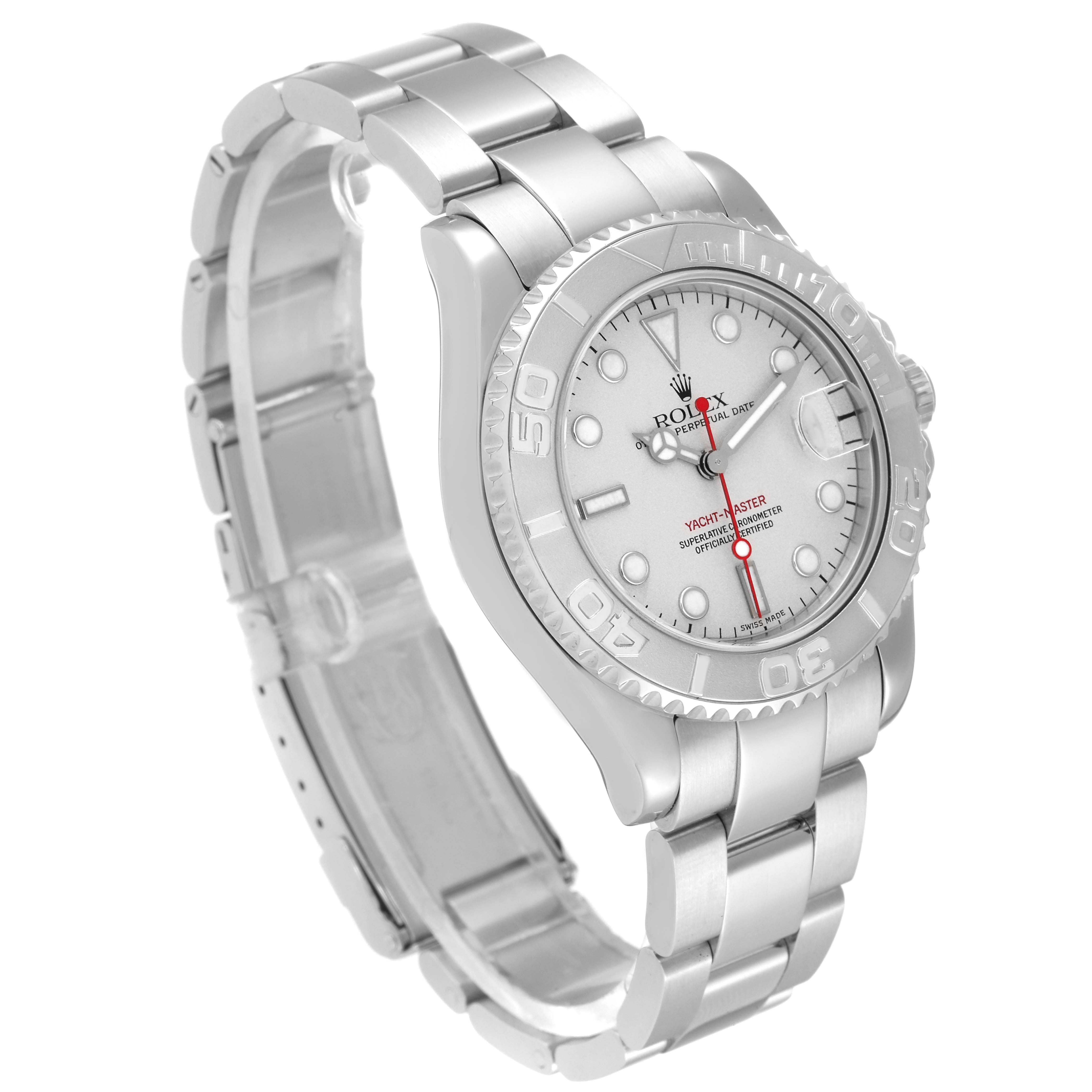 This image shows the Rolex Yacht-Master 168622 Men's Stainless Steel Silver Dial 168622 Men's Stainless Steel Silver Dial watch at a three-quarter angle, displaying the watch face, bezel, and bracelet.