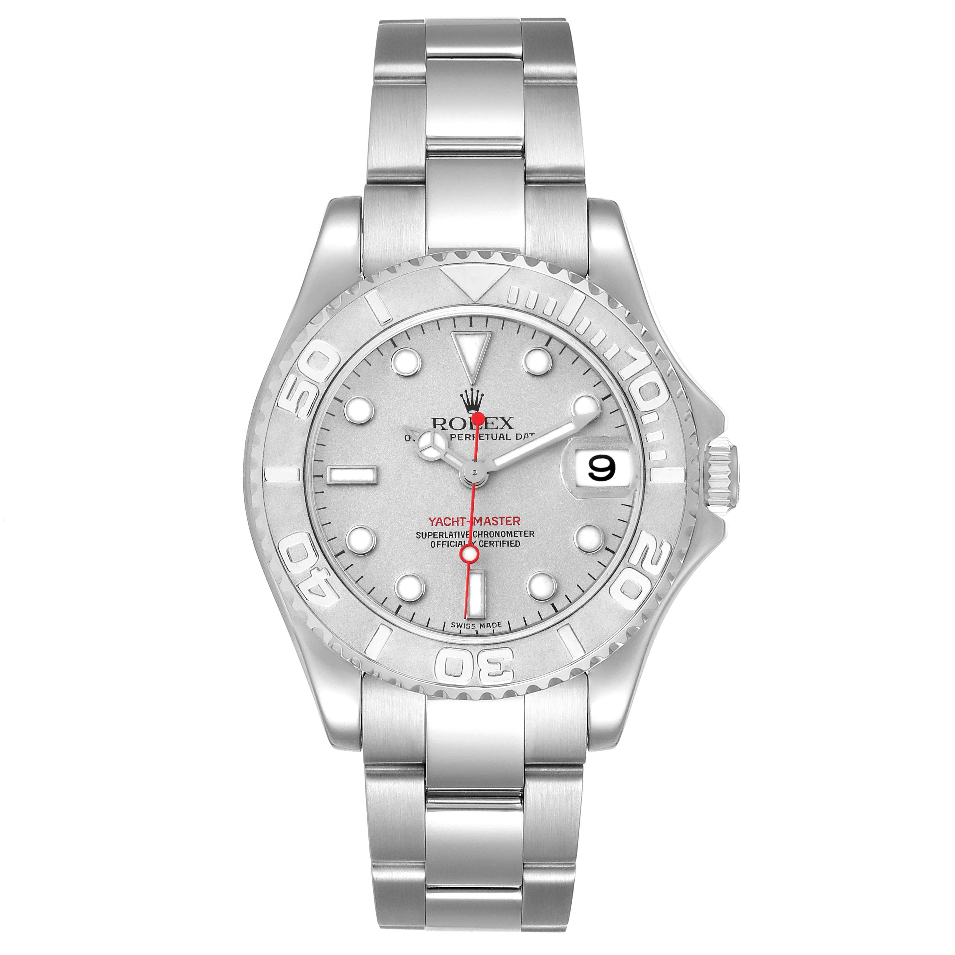 The Rolex Yacht-Master 168622 Men's Stainless Steel Silver Dial 168622 Men's Stainless Steel Silver Dial watch is shown from a top-down angle, highlighting its face, bezel, and bracelet.