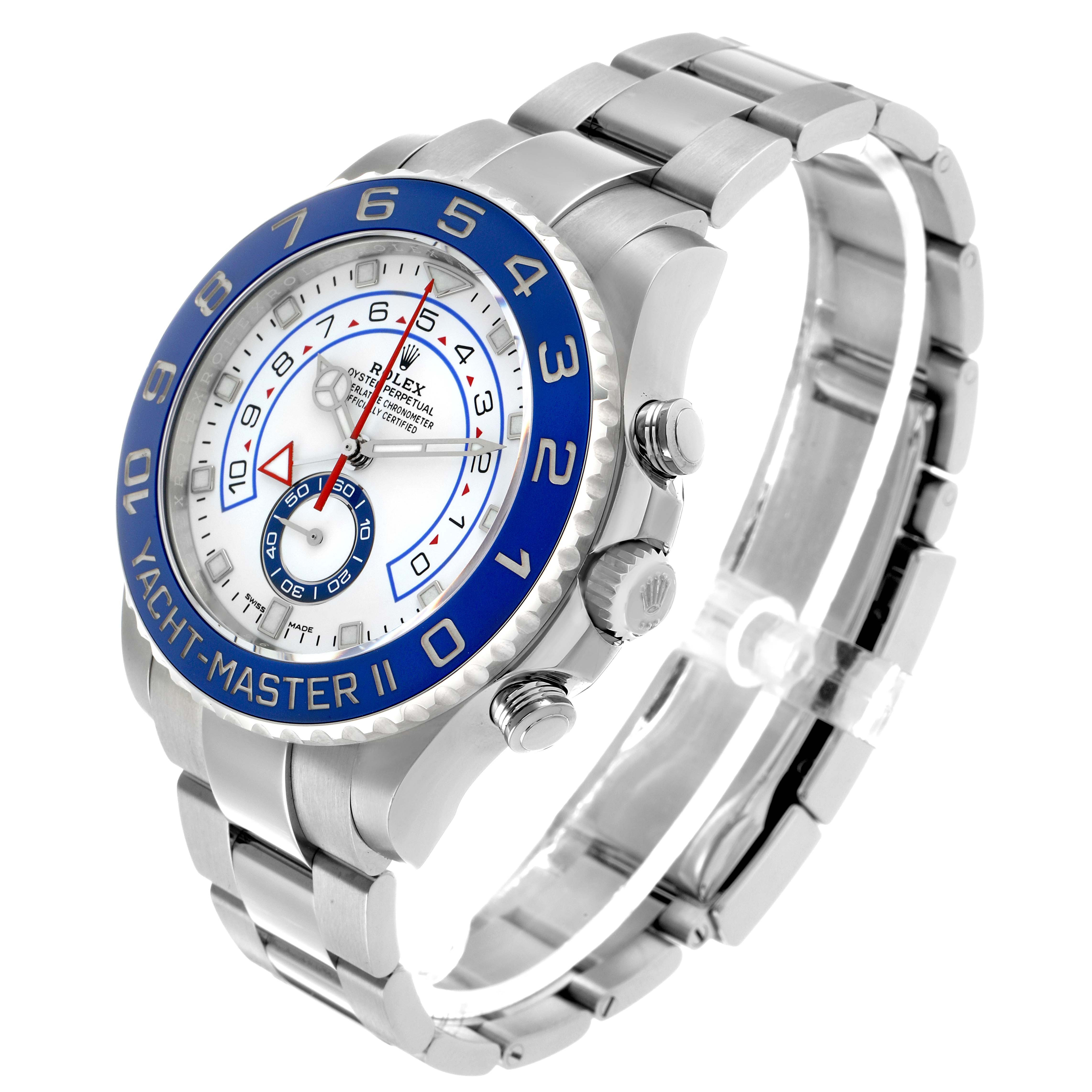 The Rolex Yacht-Master 116680 Men's Stainless Steel White Dial watch is shown at an angled side view highlighting the bezel, dial, bracelet, and crown.