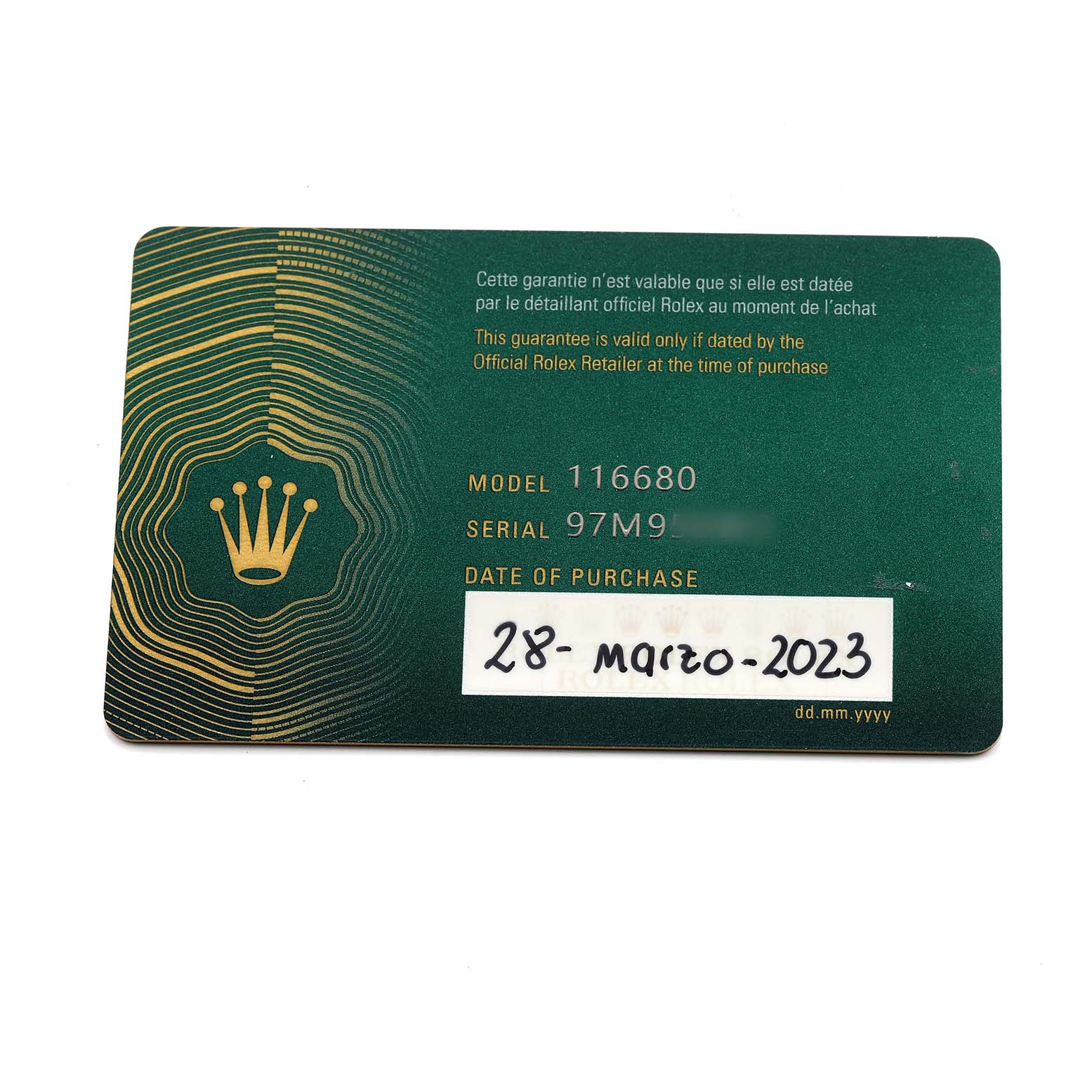 The image shows a Rolex warranty card for the Yacht-Master model, displaying model and serial numbers.