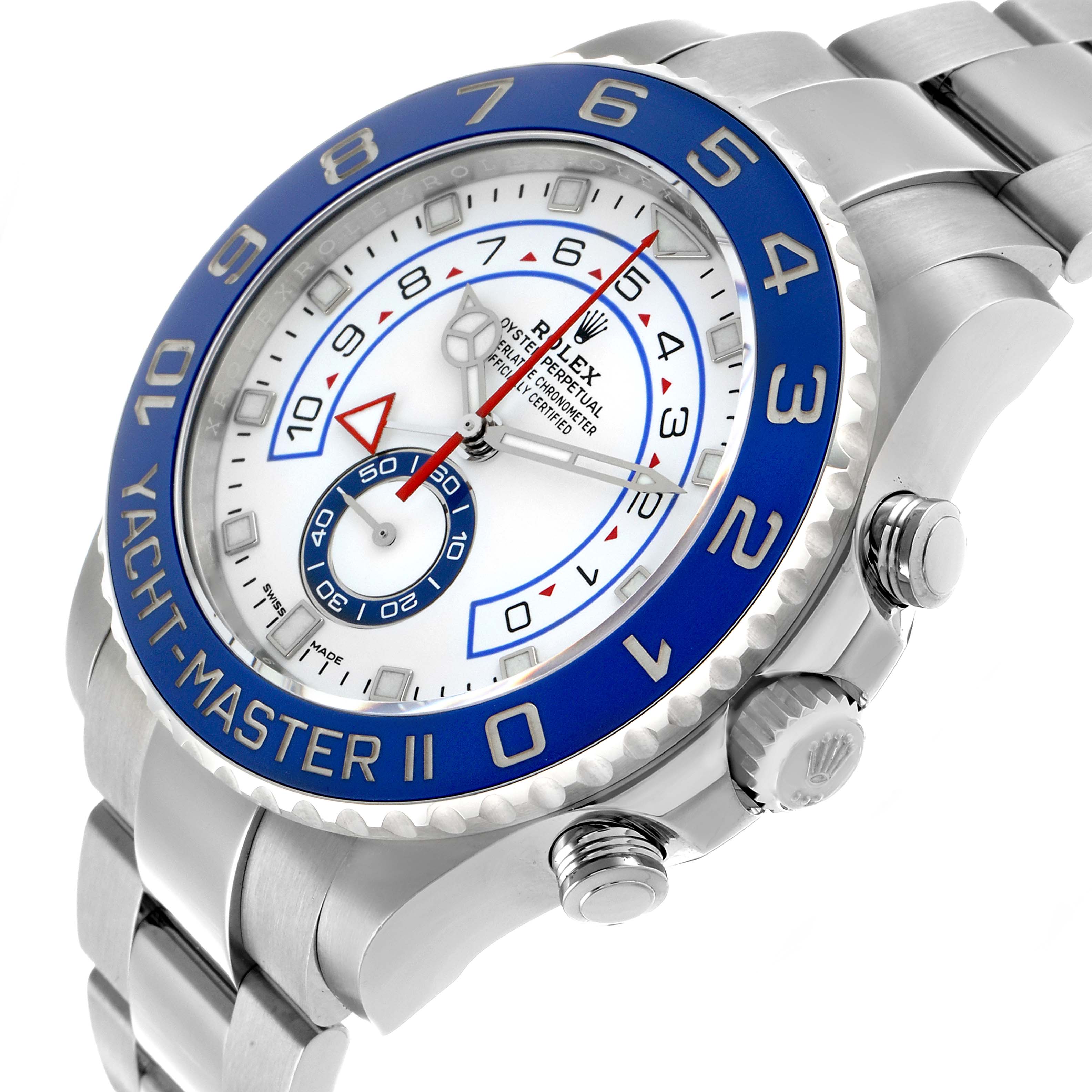 The Rolex Yacht-Master 116680 Men's Stainless Steel White Dial II is shown at an angled side view, highlighting the bezel, crown, dial, and part of the bracelet.