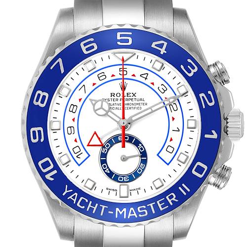 The image shows the face of a Rolex Yacht-Master 116680 Men's Stainless Steel White Dial II with a blue bezel, silver bracelet, and visible crown from a front angle.