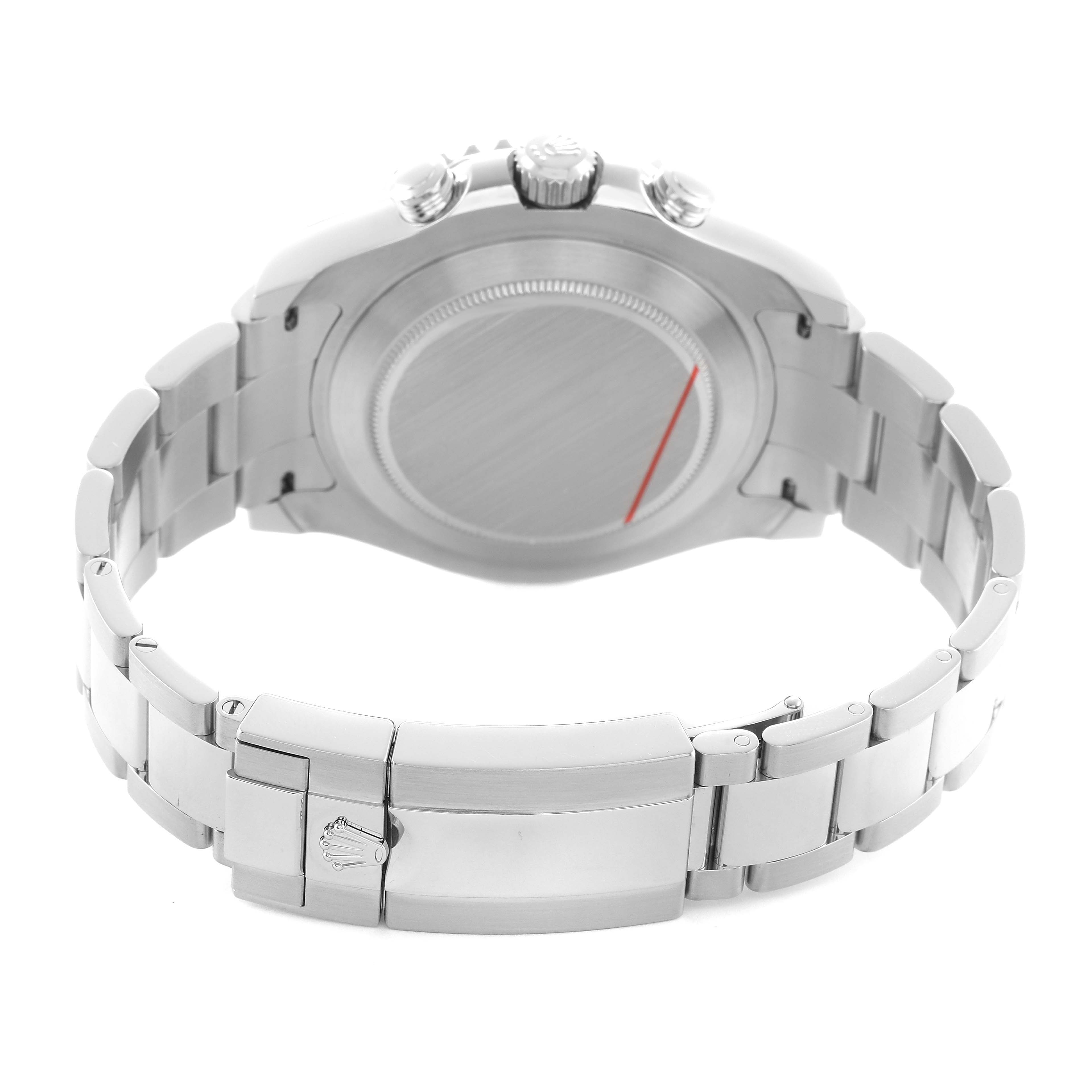 The image shows the back view of the Rolex Yacht-Master 116680 Men's Stainless Steel White Dial, highlighting the case back and metal bracelet with the clasp open.