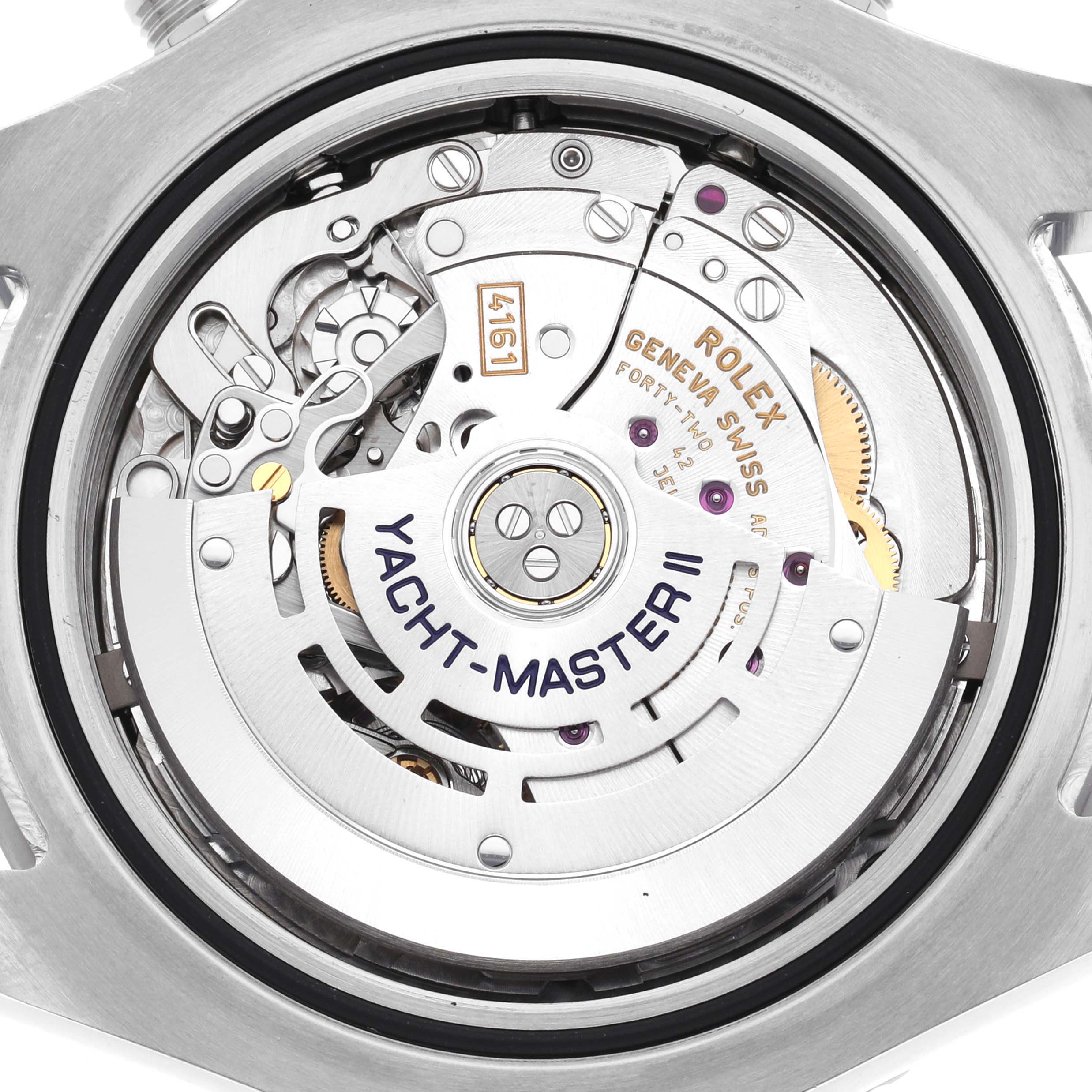 This image shows the Rolex Yacht-Master 116680 Men's Stainless Steel White Dial watch movement from the back, highlighting the rotor and intricate mechanics.