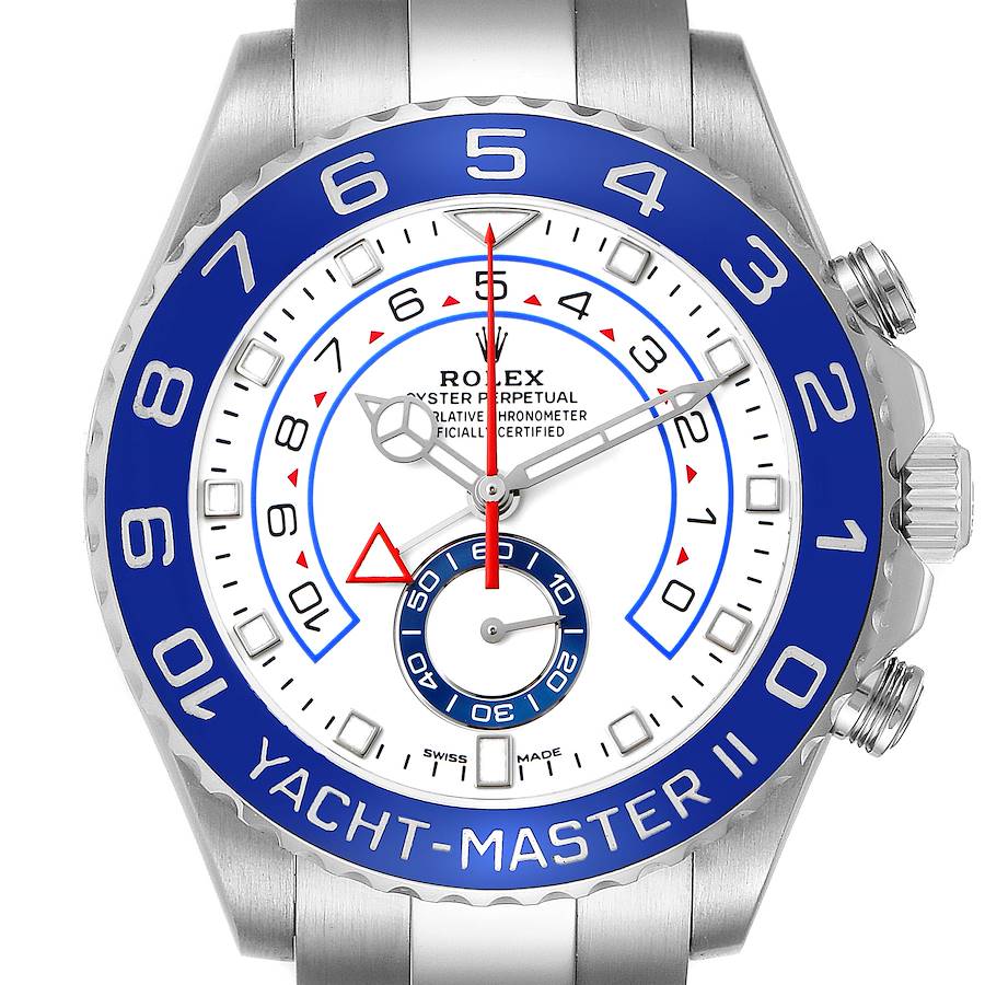 This image shows a front view of the Rolex Yacht-Master 116680 Men's Stainless Steel White Dial II, highlighting the dial, bezel, and part of the bracelet.