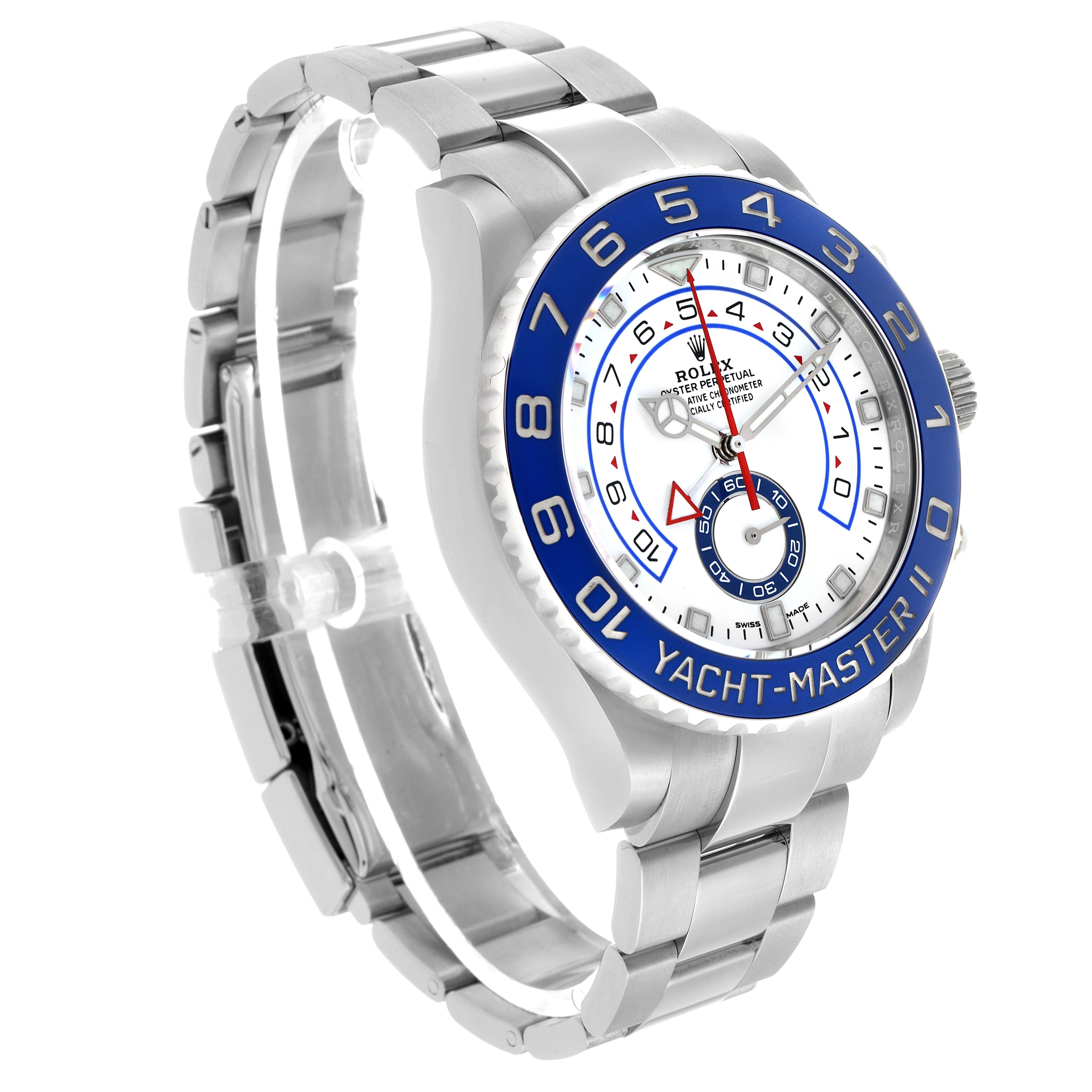 The Rolex Yacht-Master 116680 Men's Stainless Steel White Dial II watch is shown at a three-quarter angle, highlighting the bezel, face, and bracelet.
