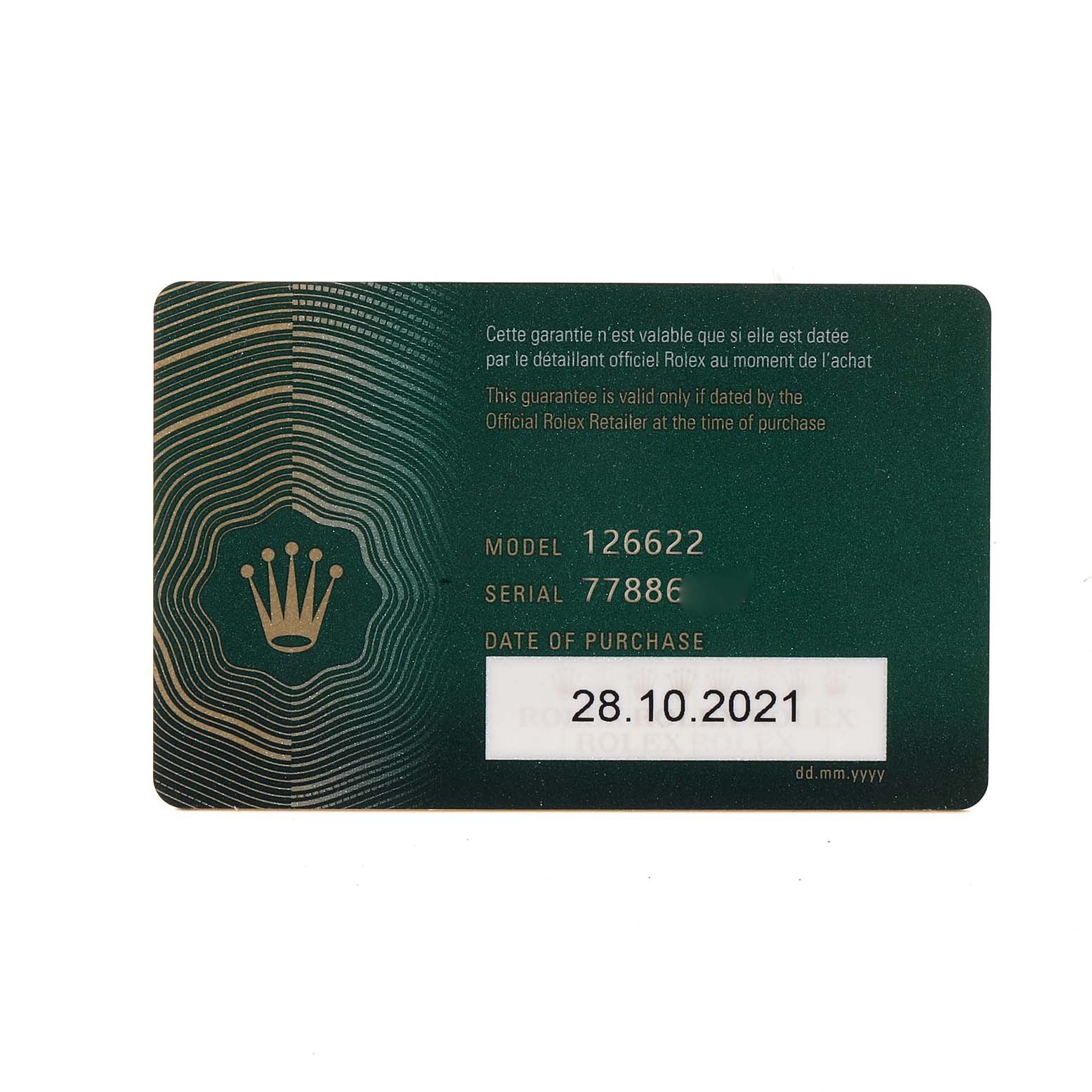 The image shows a guarantee card for a Rolex Yacht-Master 126622 Men's Stainless Steel Grey Dial 126622 Men's Stainless Steel Grey Dial model 126622, serial 77886, with a date of purchase of 28.10.2021.