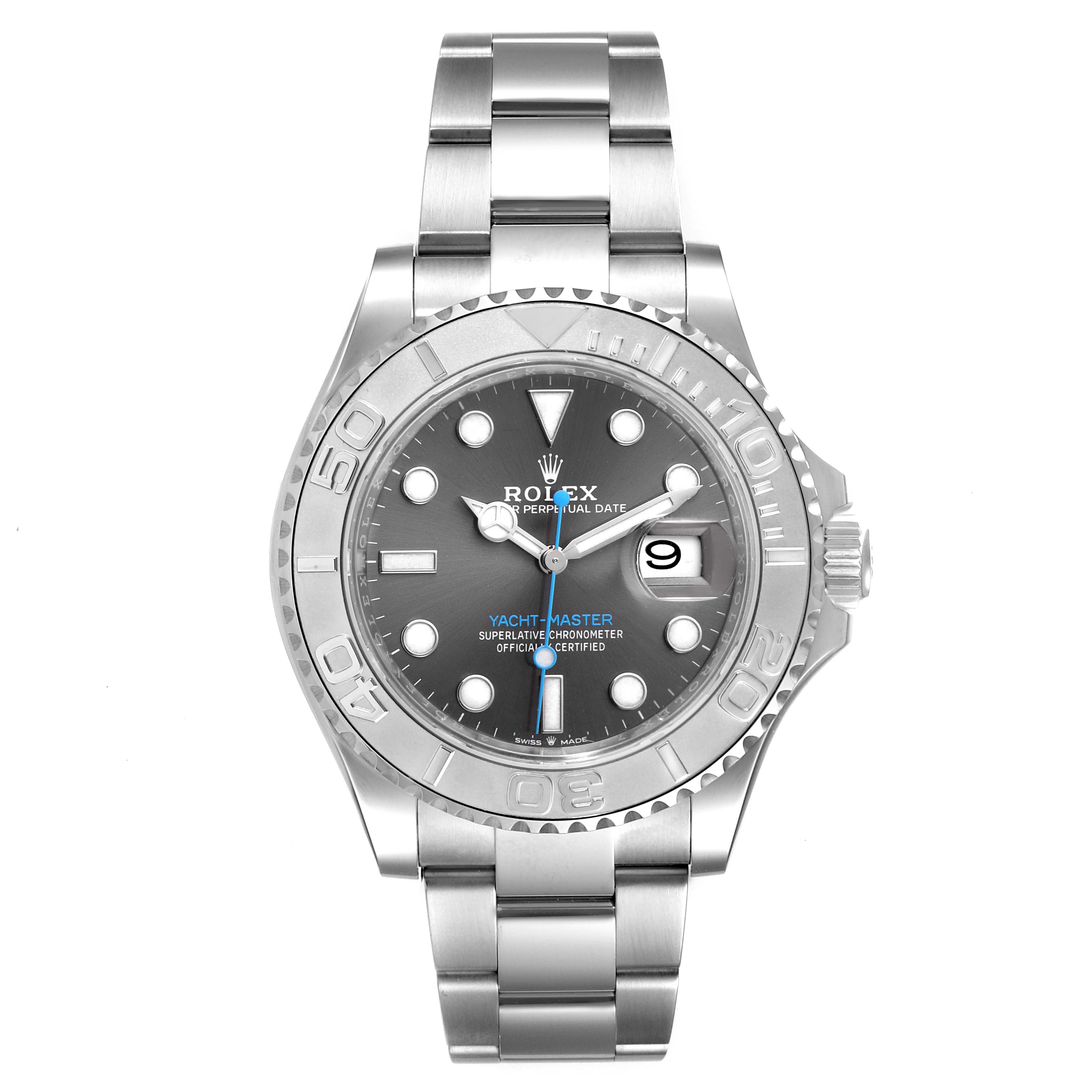 This image shows a front view of the Rolex Yacht-Master 126622 Men's Stainless Steel Grey Dial 126622 Men's Stainless Steel Grey Dial watch, highlighting its gray dial, bezel, and silver bracelet.