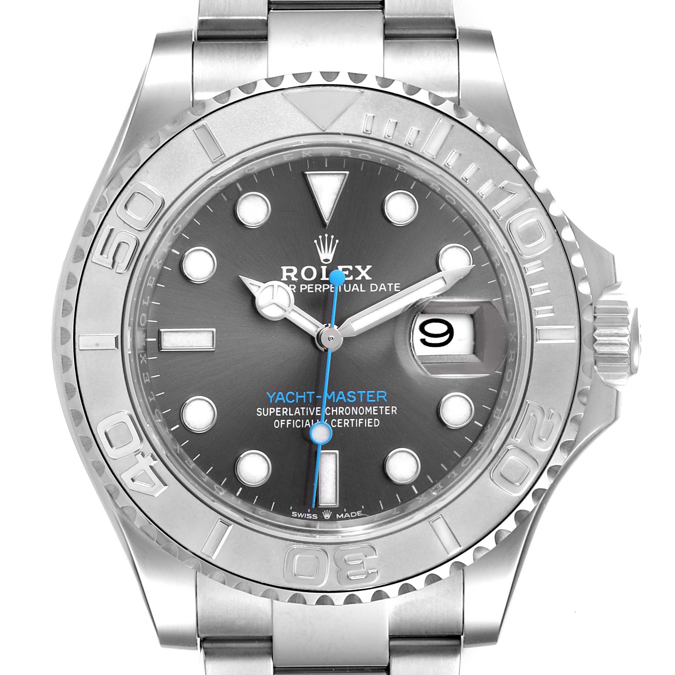 This image shows the front view of the Rolex Yacht-Master 126622 Men's Stainless Steel Grey Dial 126622 Men's Stainless Steel Grey Dial watch, including the dial, bezel, and bracelet.