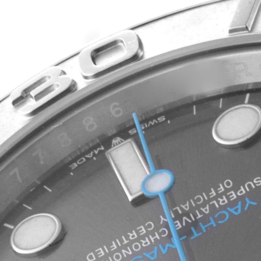 This close-up shows the Yacht-Master model by Rolex, highlighting the bezel with "30", part of the dial, and the hands.