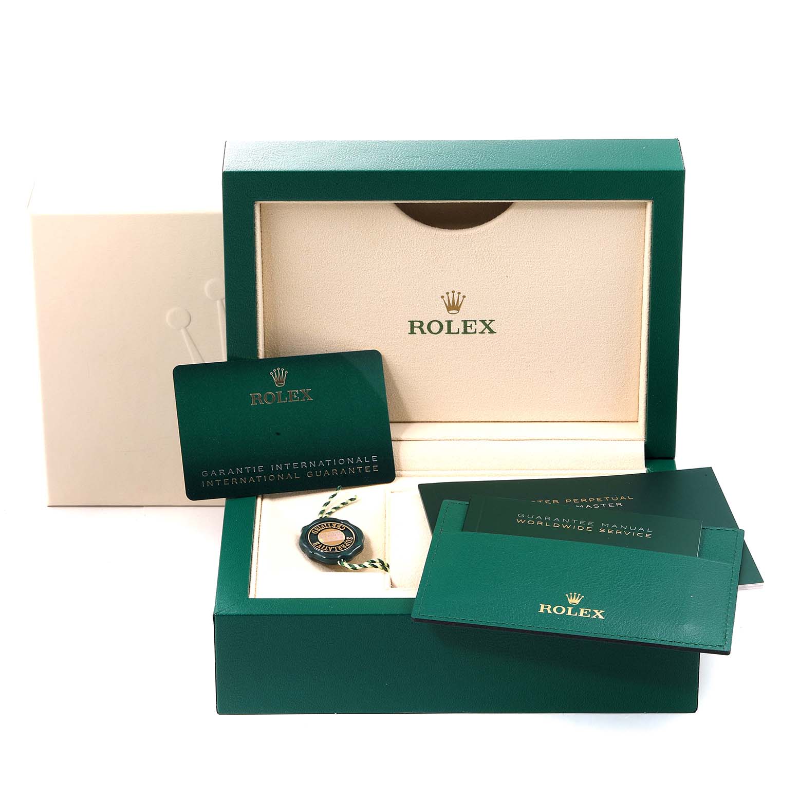 The image shows the accessories and box of a Rolex Yacht-Master 126622 Men's Stainless Steel Grey Dial 126622 Men's Stainless Steel Grey Dial model, including warranty cards and manuals.