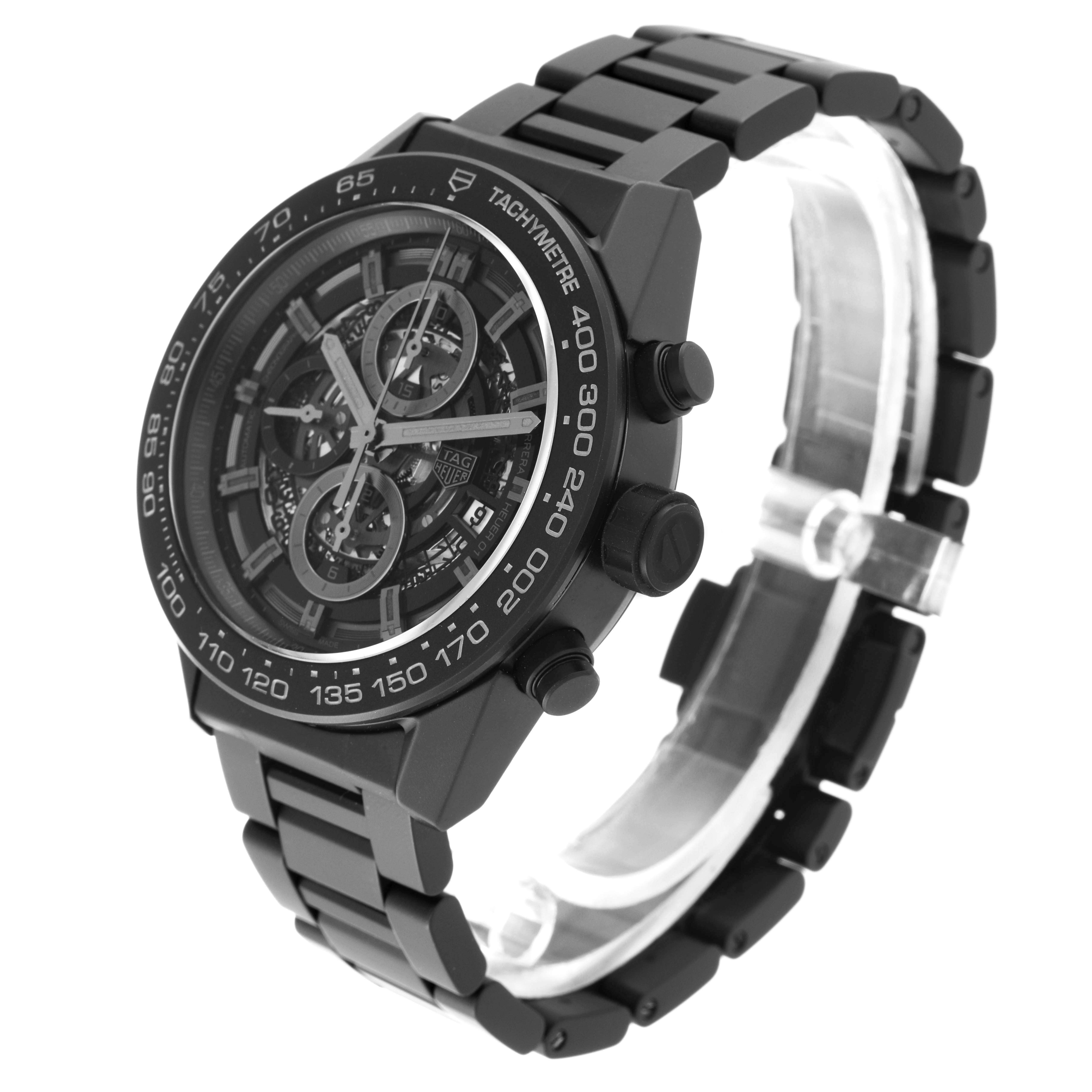 The image shows a Tag Heuer Carrera CAR2A91 Men's Ceramic Black Dial CAR2A91 Men's Ceramic Black Dial watch at a three-quarter angle, highlighting the face, tachymetre bezel, and bracelet.