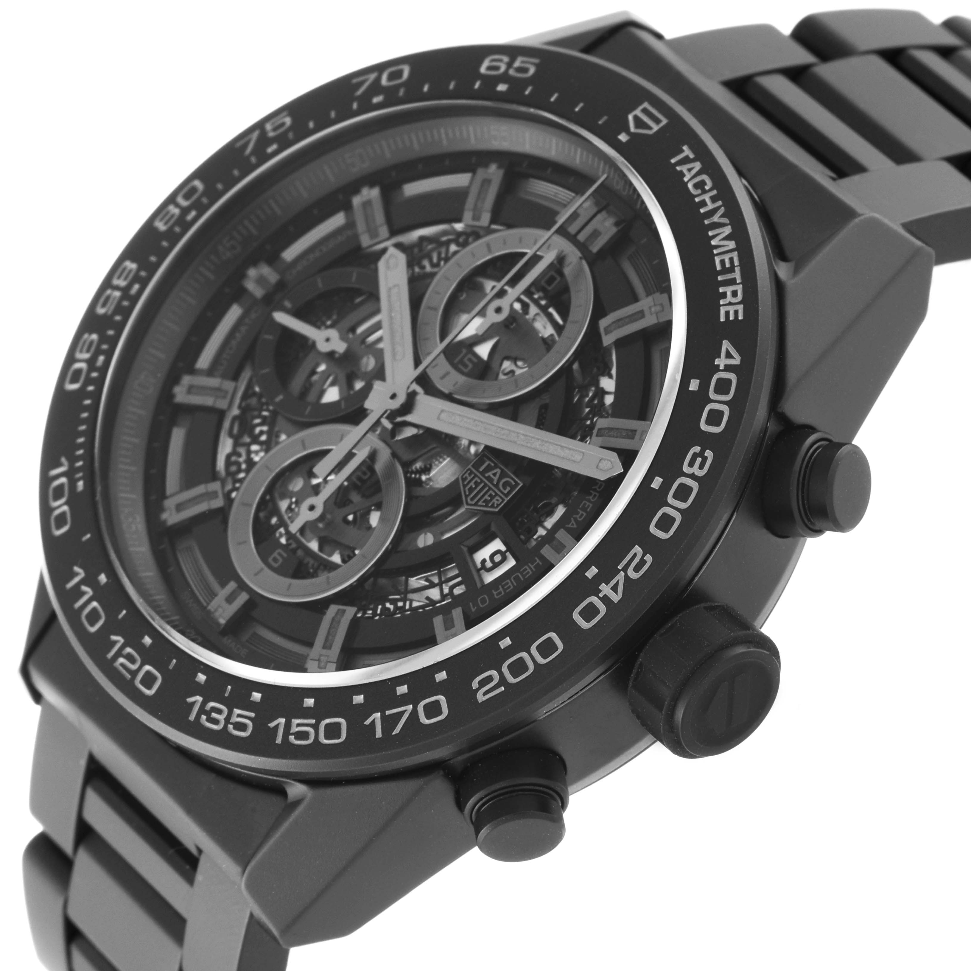 The Tag Heuer Carrera CAR2A91 Men's Ceramic Black Dial CAR2A91 Men's Ceramic Black Dial watch is shown at an angled close-up, highlighting the face, bezel, and side buttons.