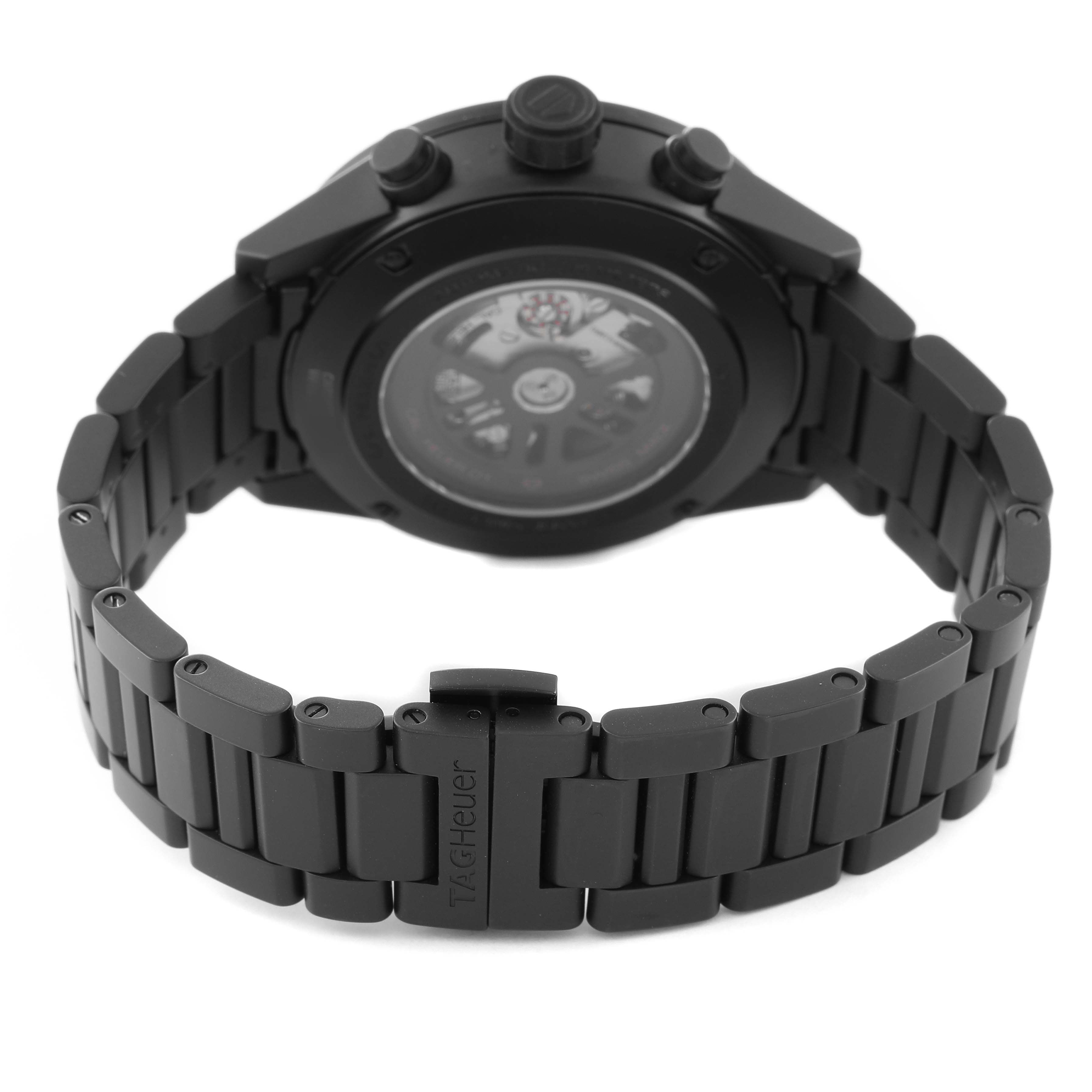 The image shows the back of a Tag Heuer Carrera CAR2A91 Men's Ceramic Black Dial CAR2A91 Men's Ceramic Black Dial watch with a view of the bracelet and clasp.