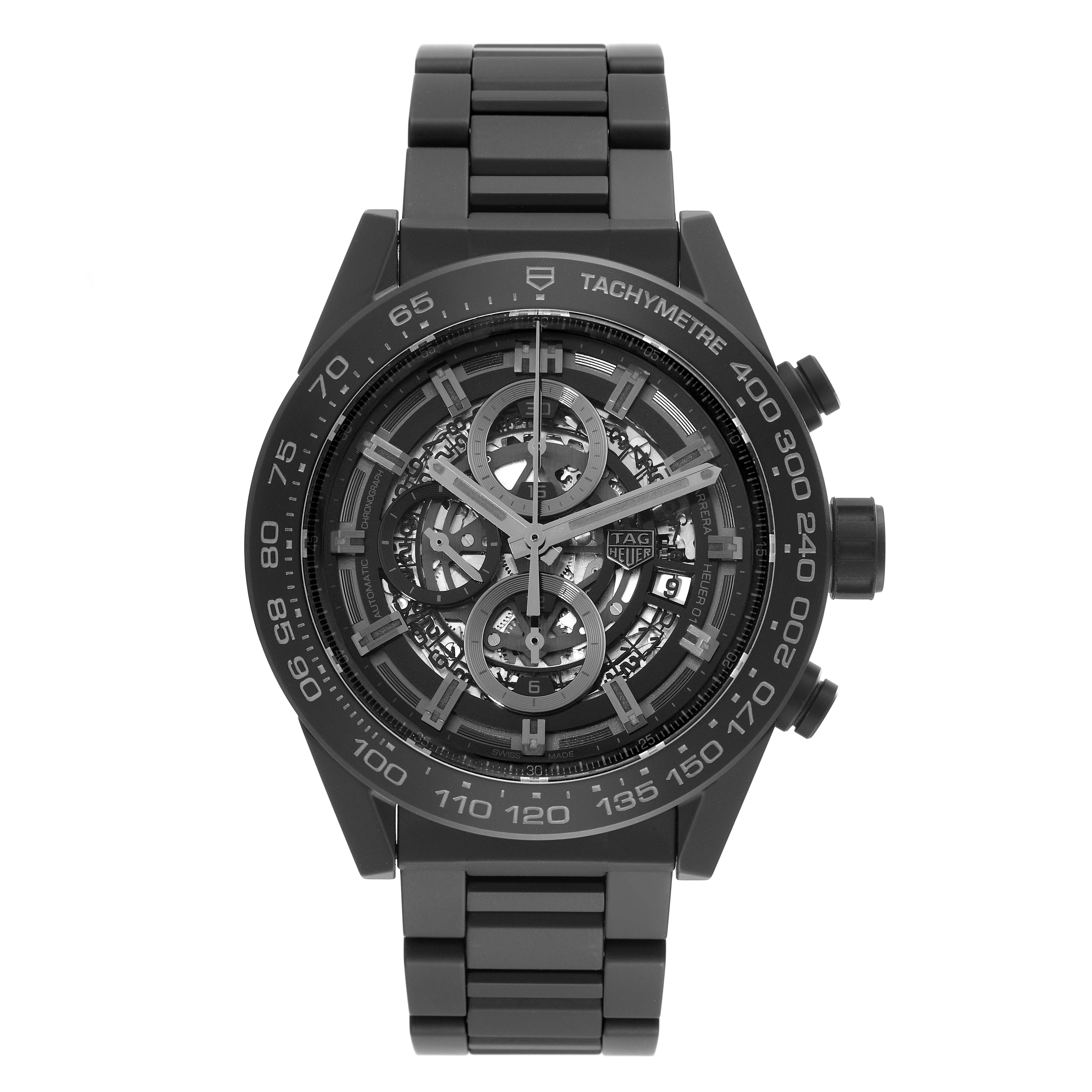 The image shows a front view of the Tag Heuer Carrera CAR2A91 Men's Ceramic Black Dial CAR2A91 Men's Ceramic Black Dial watch, highlighting its skeletal dial and metal link bracelet.