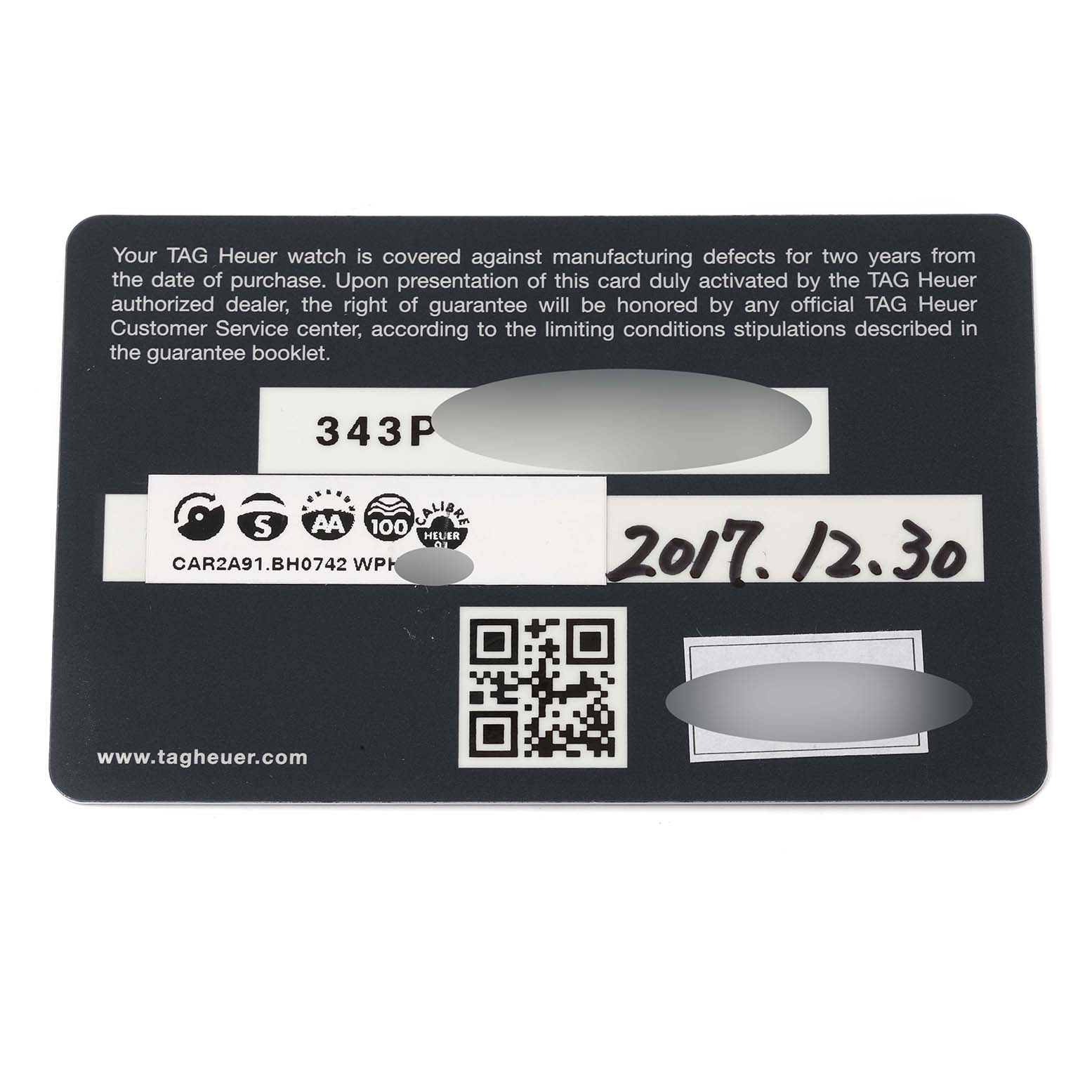 This image shows a warranty card for a Tag Heuer Carrera CAR2A91 Men's Ceramic Black Dial CAR2A91 Men's Ceramic Black Dial watch, including a QR code and purchase date.