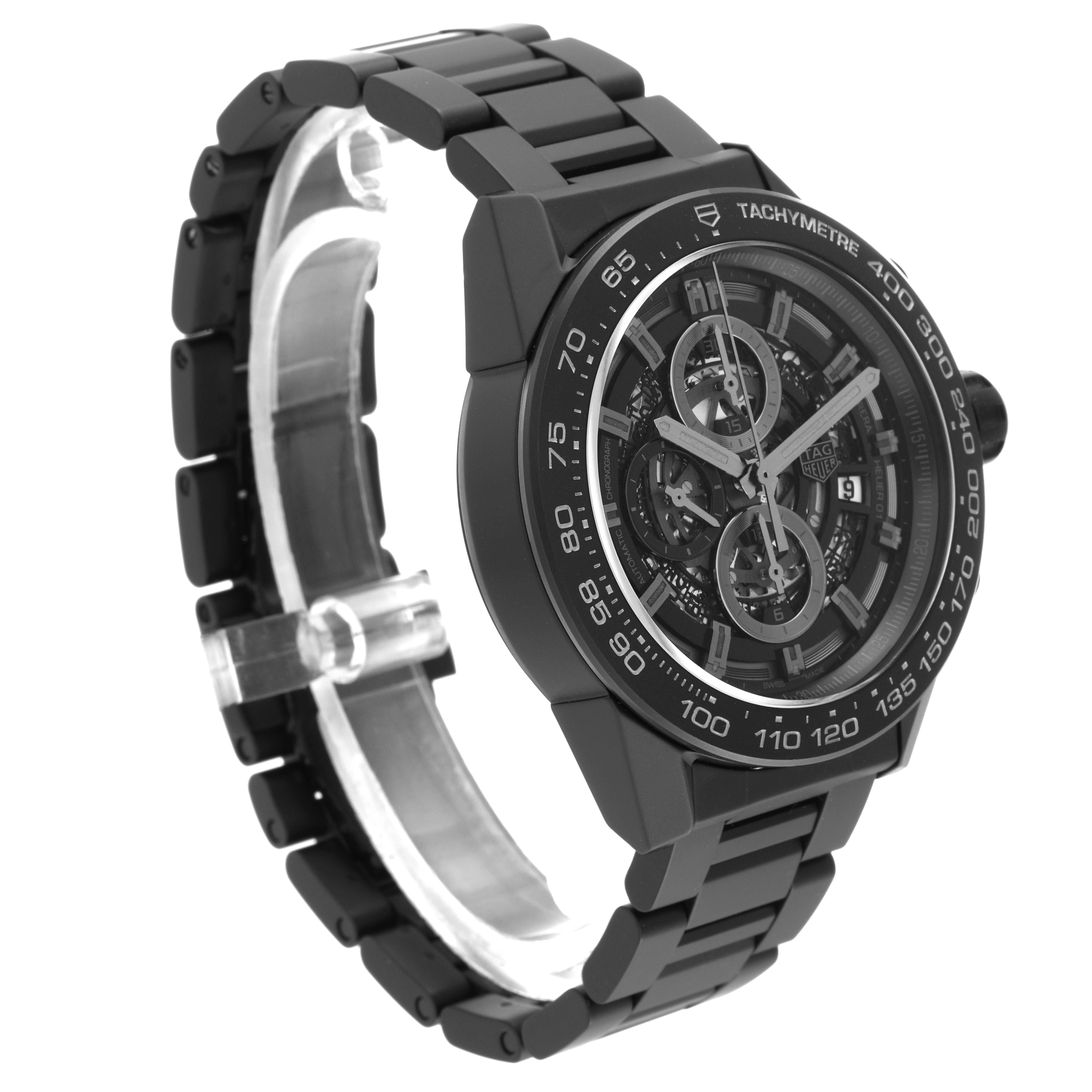 The image shows a side and front angle of the Tag Heuer Carrera CAR2A91 Men's Ceramic Black Dial CAR2A91 Men's Ceramic Black Dial watch, highlighting its black metal band and detailed dial.