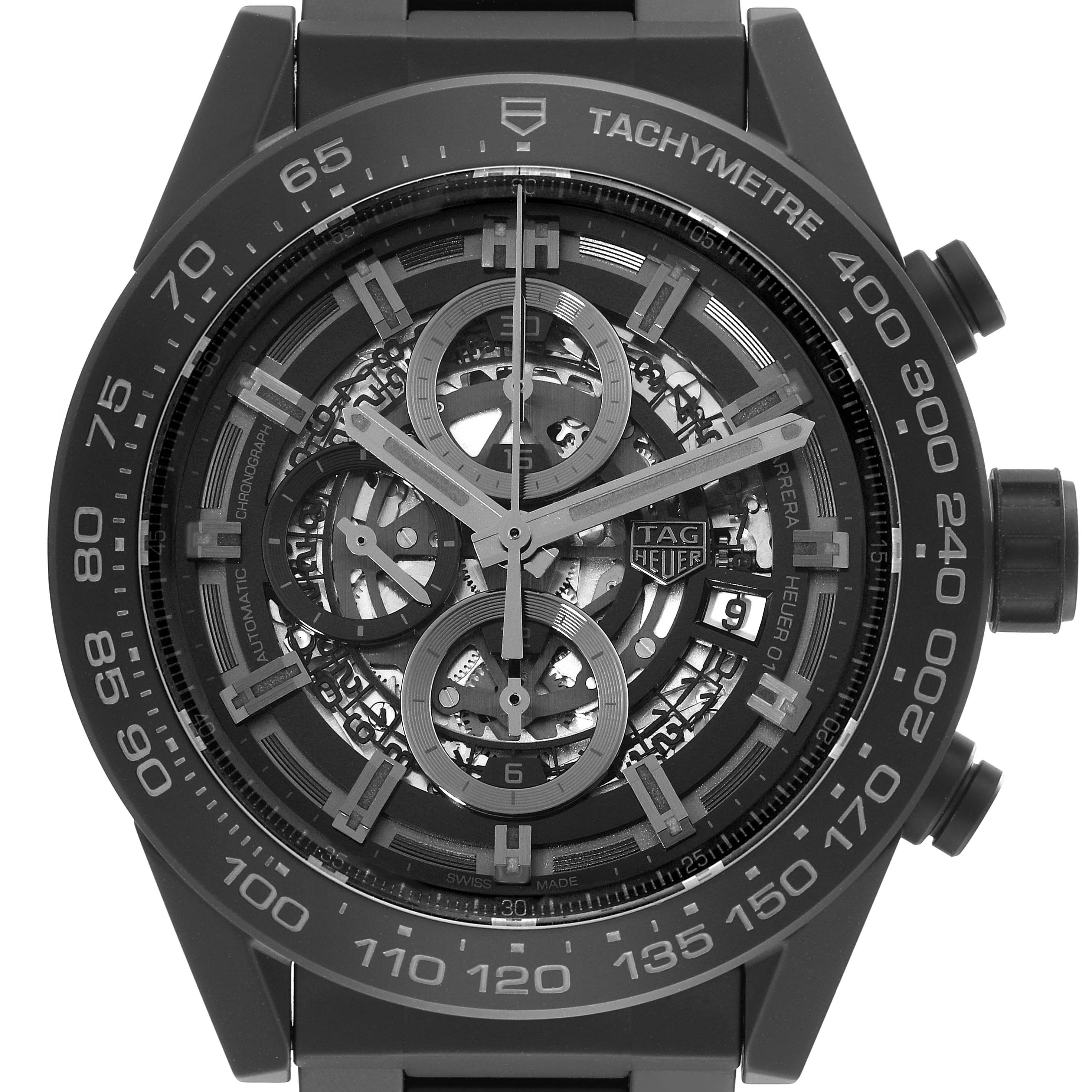 This image shows a close-up front view of a Tag Heuer Carrera CAR2A91 Men's Ceramic Black Dial CAR2A91 Men's Ceramic Black Dial model watch, displaying its intricate dial and tachymeter bezel.