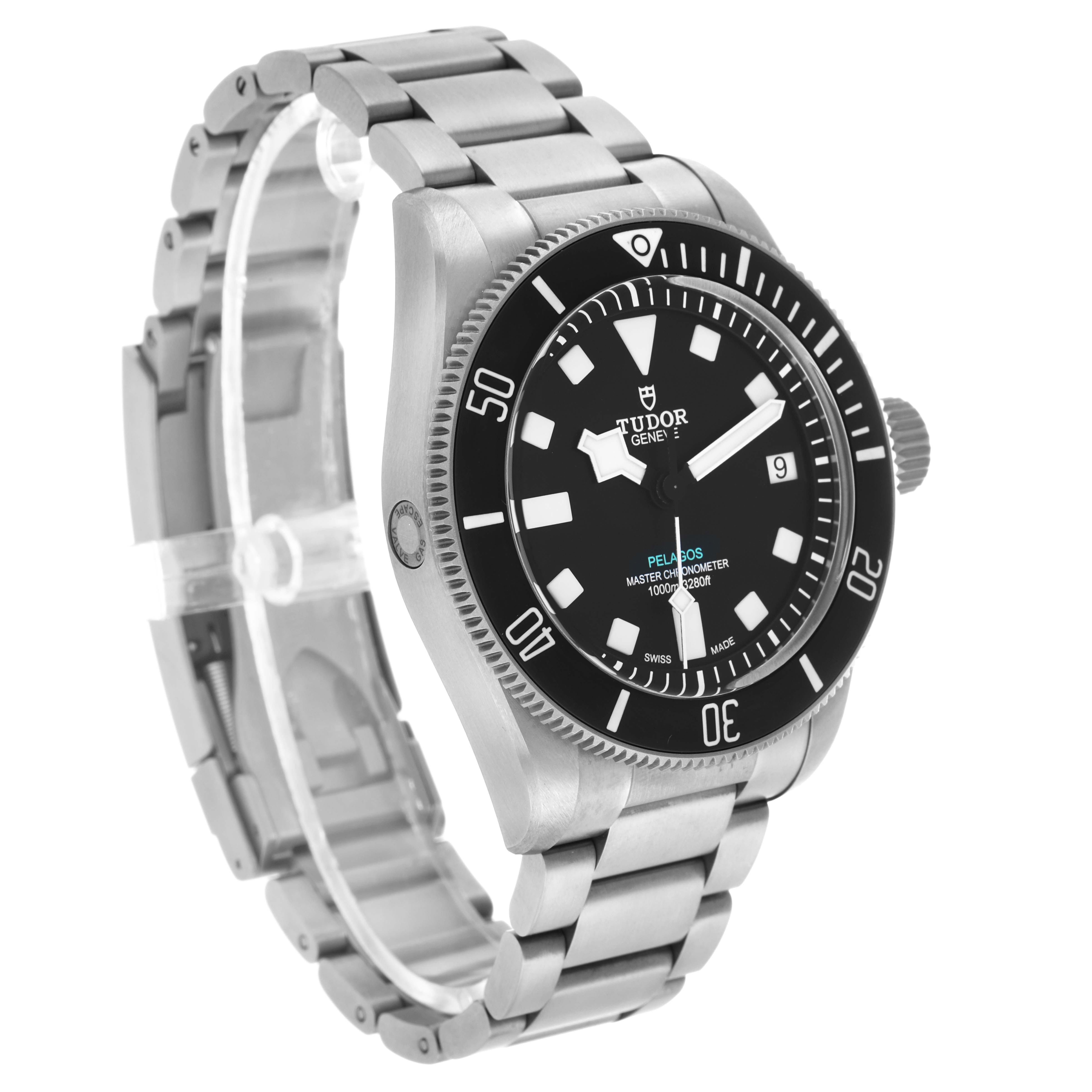 The Tudor Pelagos 2543C Men's Titanium Black Dial watch is shown at a three-quarter angle, displaying the dial, bezel, crown, and bracelet.