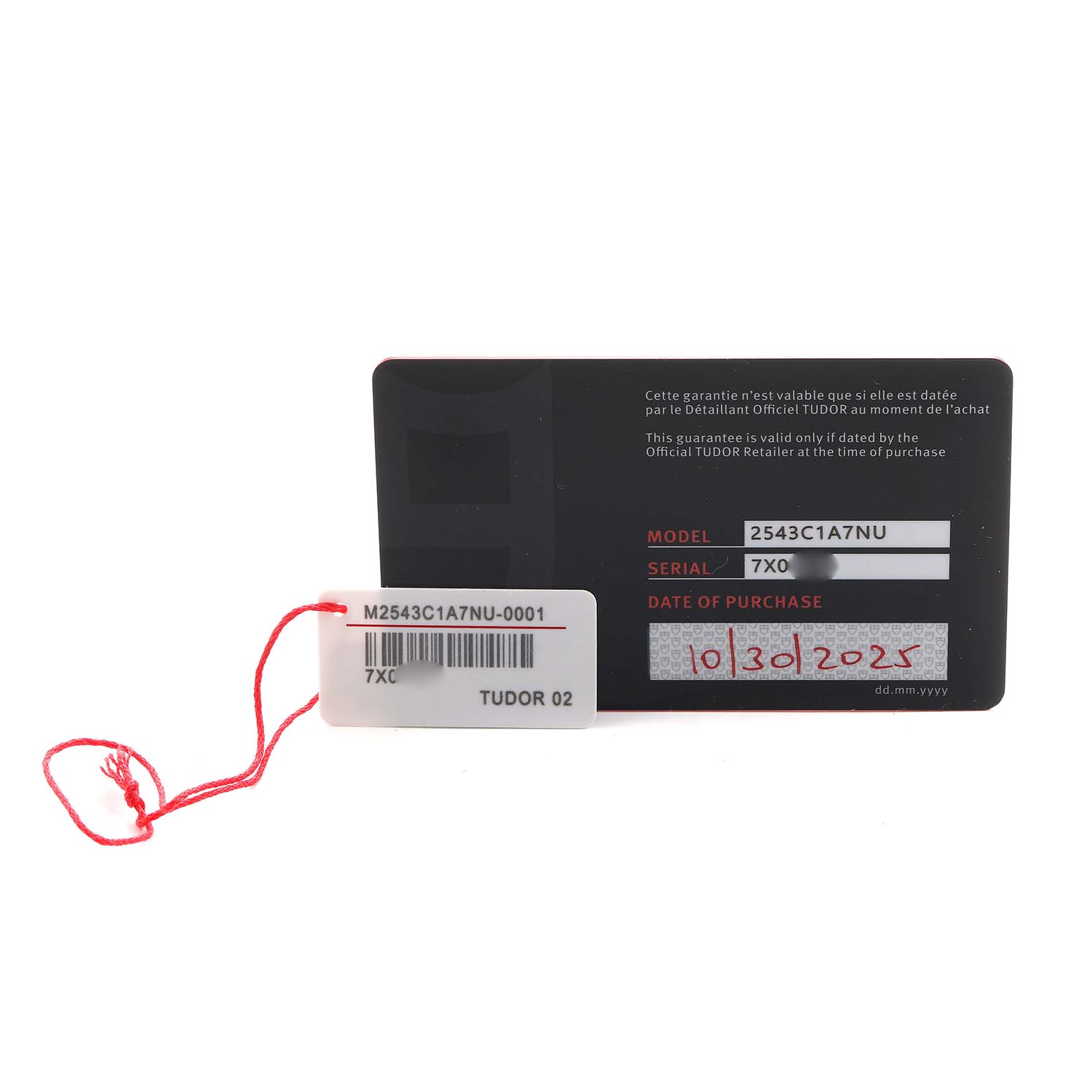 The image shows a warranty card and tag for a Tudor Pelagos 2543C Men's Titanium Black Dial watch, displaying model, serial number, and purchase date details.