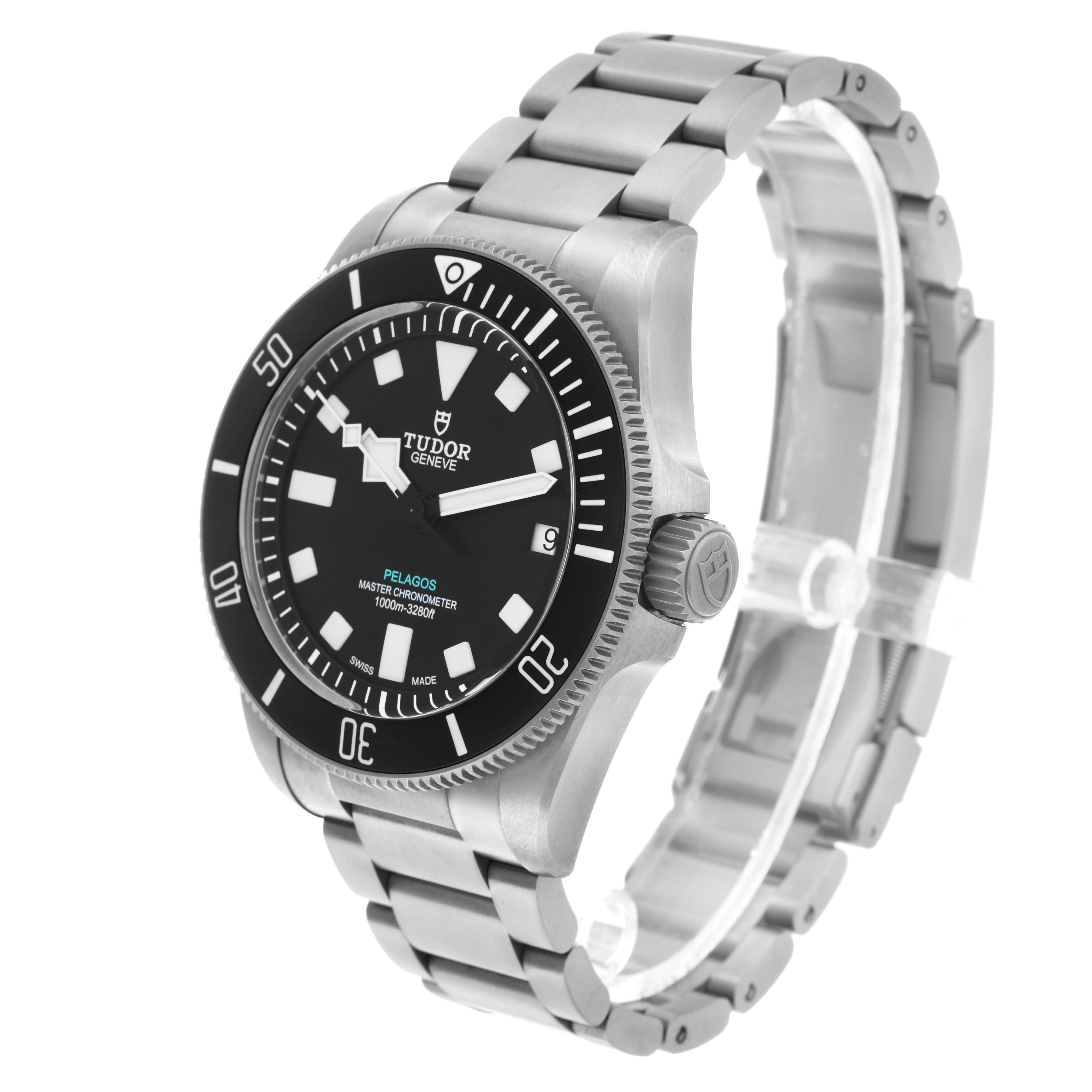 The Tudor Pelagos 2543C Men's Titanium Black Dial watch is shown at a three-quarter angle, highlighting the dial, bezel, and bracelet.
