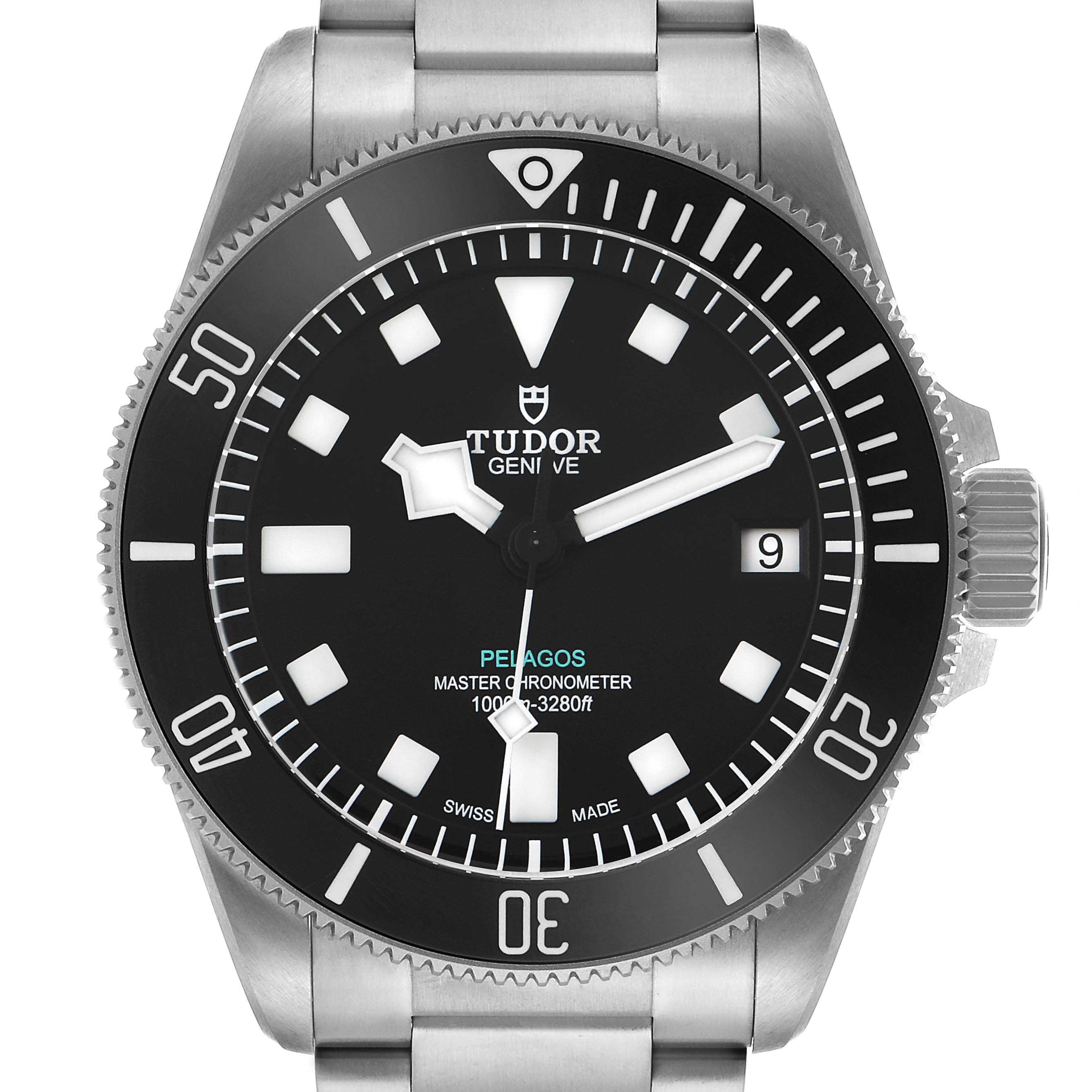 The image shows a frontal view of the Tudor Pelagos 2543C Men's Titanium Black Dial watch, highlighting its dial, bezel, and crown.